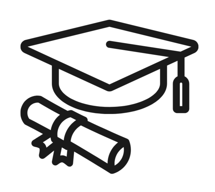 Outline of a graduation cap and diploma scroll.