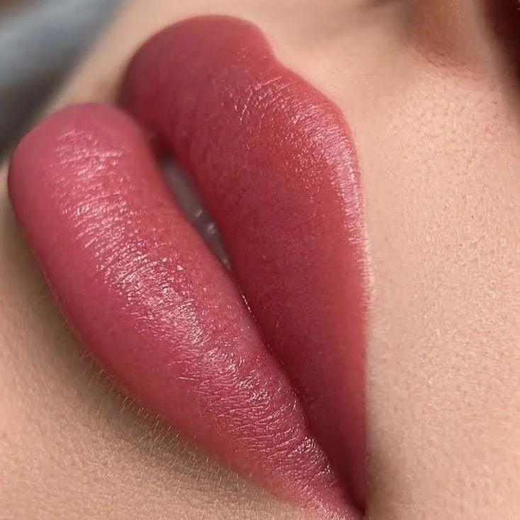 Close-up of red lips with makeup, showing detailed texture and curved shape.