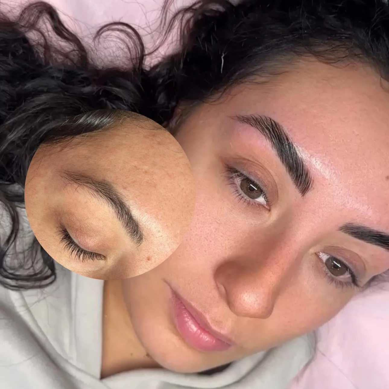 Close-up of a woman's face with focus on her eyebrows, featuring a magnified inset of her eyebrow with natural hair.