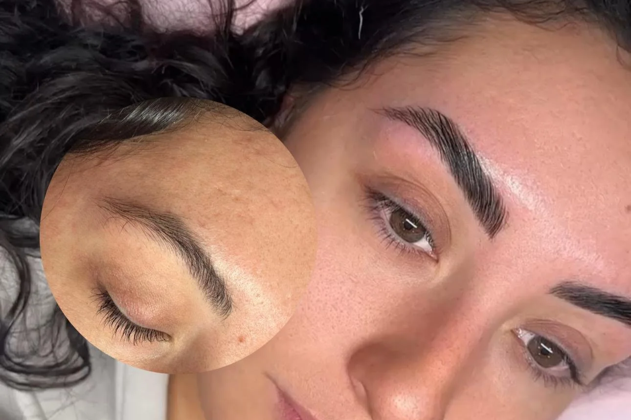 Close-up of a woman's face showing her well-groomed eyebrows and smooth skin, with an inset circle highlighting a section of her eyebrow and eyelid with makeup or cosmetic treatment.