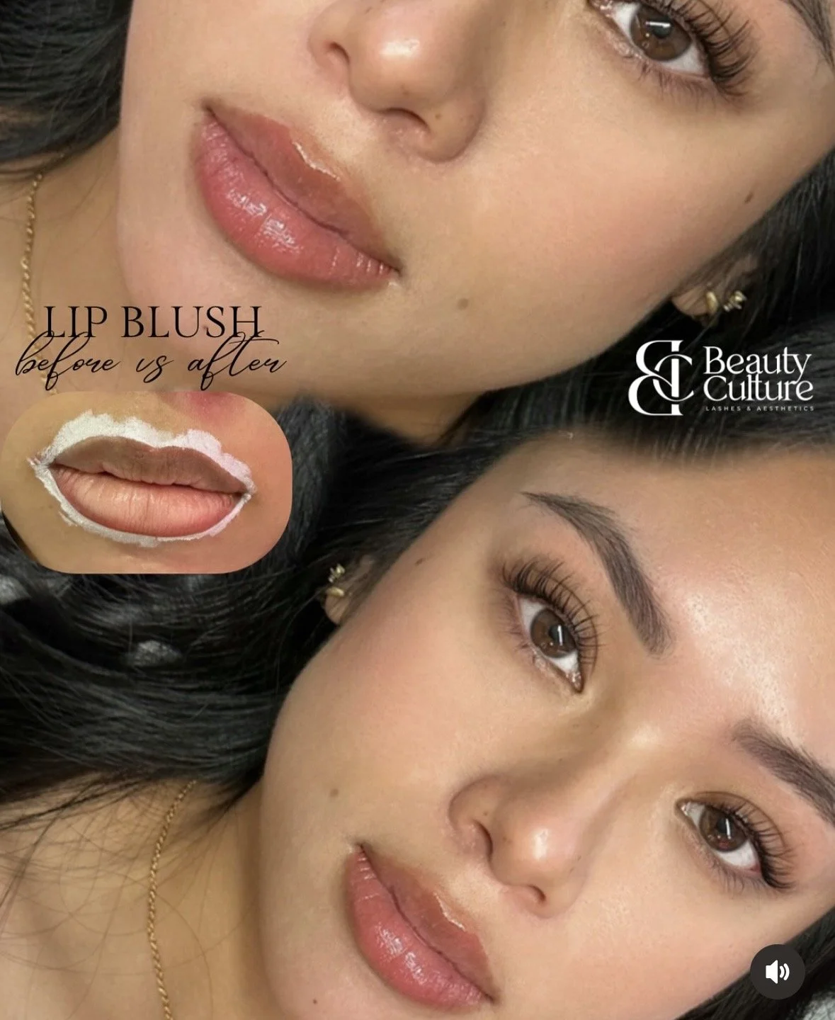 Close-up of a woman's face before and after lip blush tattooing, showing the transformation of her lips from lightly outlined to fuller, more defined with a glossy finish, with a smaller inset image showing the lips with white outline marked for the procedure.