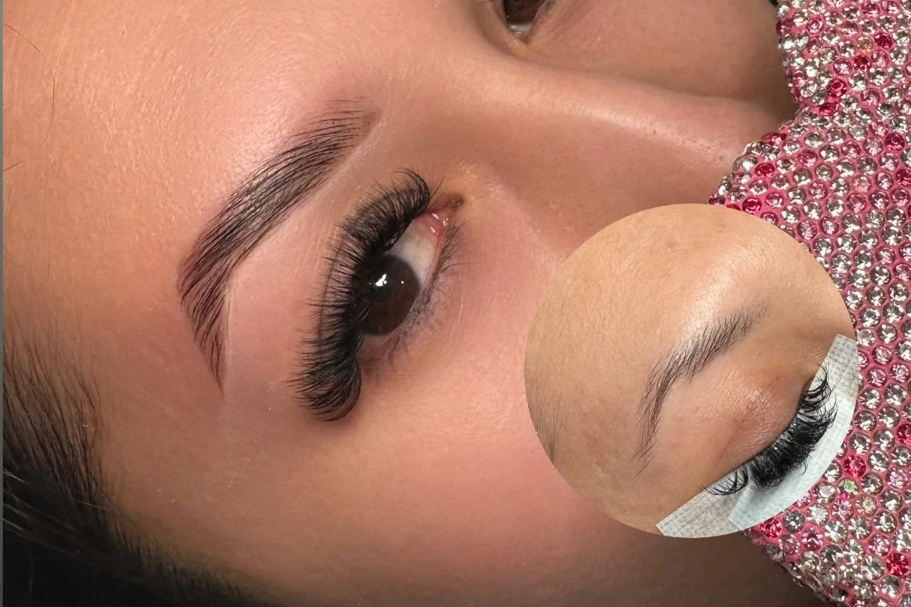 Close-up of a woman's face showing her eye with long, voluminous eyelashes before eyelash extension procedure, with a small inset showing her natural, unenhanced eyelashes.