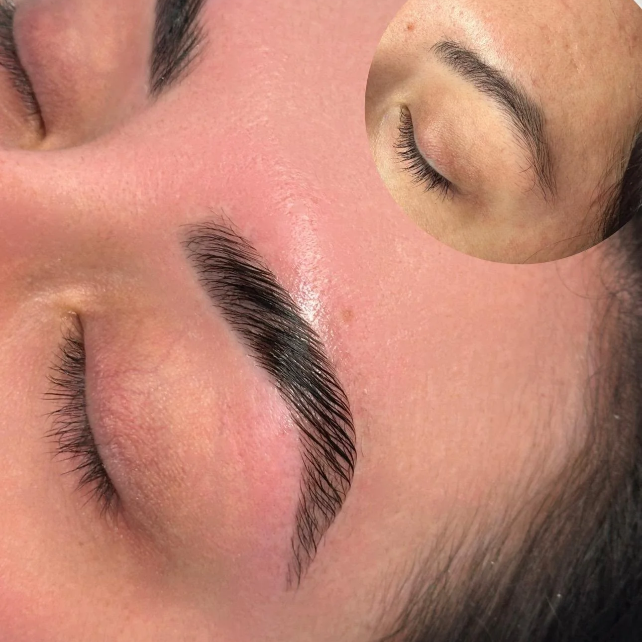 Close-up of a person's face with freshly done eyelash extensions, with a smaller inset showing the same person's eye closed and natural eyelashes.