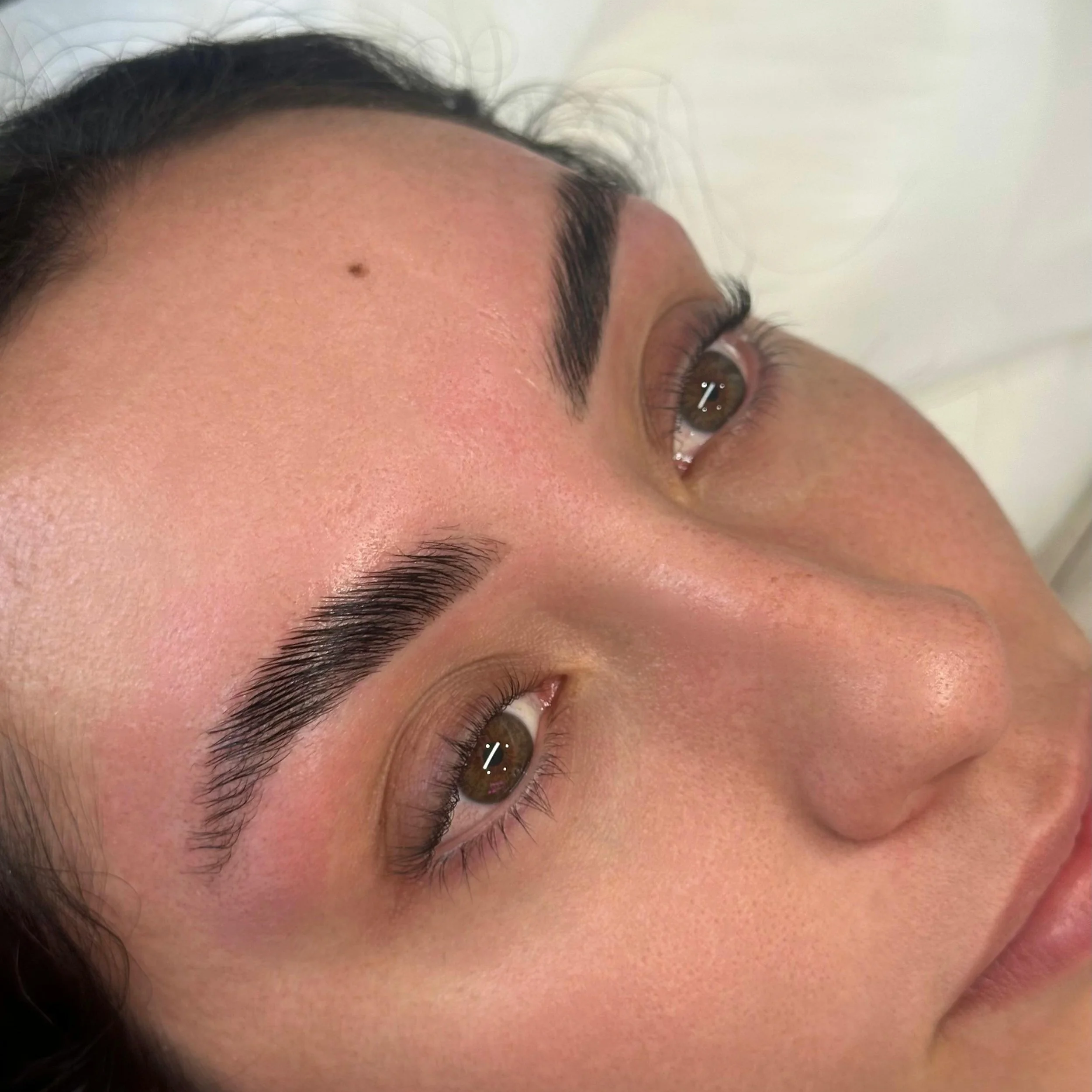 Close-up of a woman's face focusing on well-groomed eyebrows and brown eyes, lying down against a white background.