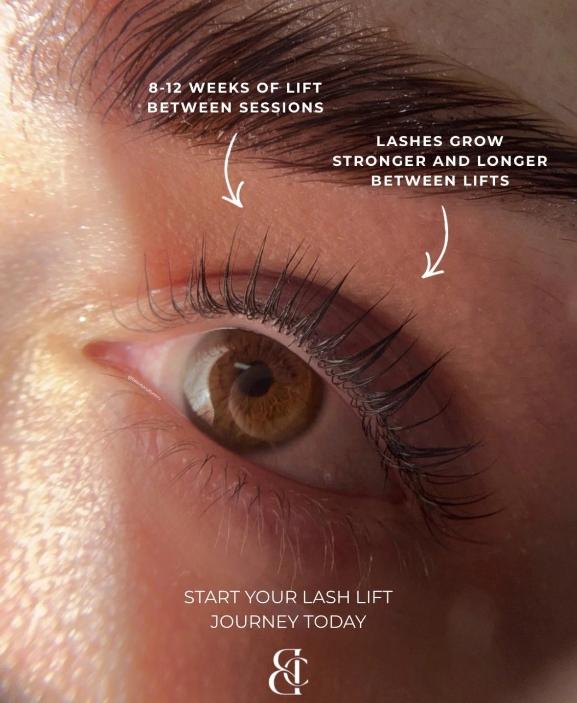 Close-up of a brown eye with annotations indicating the lifting period of 8-12 weeks between sessions and that eyelashes grow stronger and longer between lifts, encouraging viewers to start their lash lift journey today.