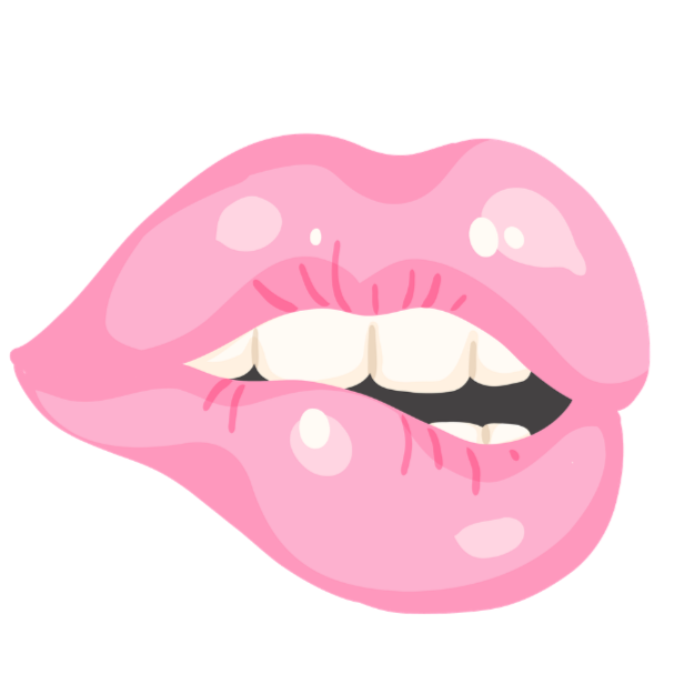 Close-up of pink lips slightly parted, revealing teeth and tongue showing.