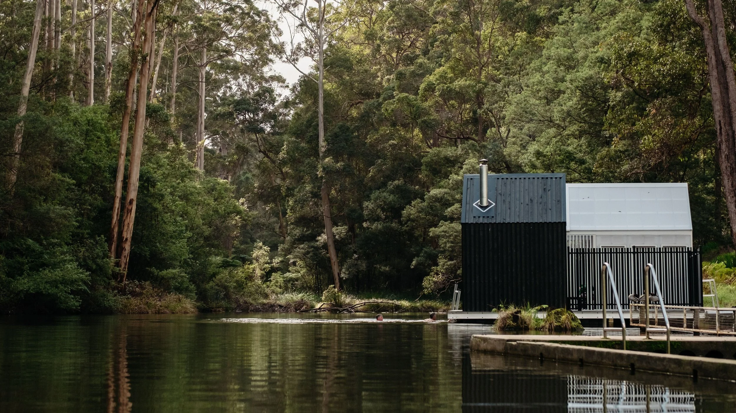 Floating sauna on fresh water pool among the Karri trees of Pemberton
