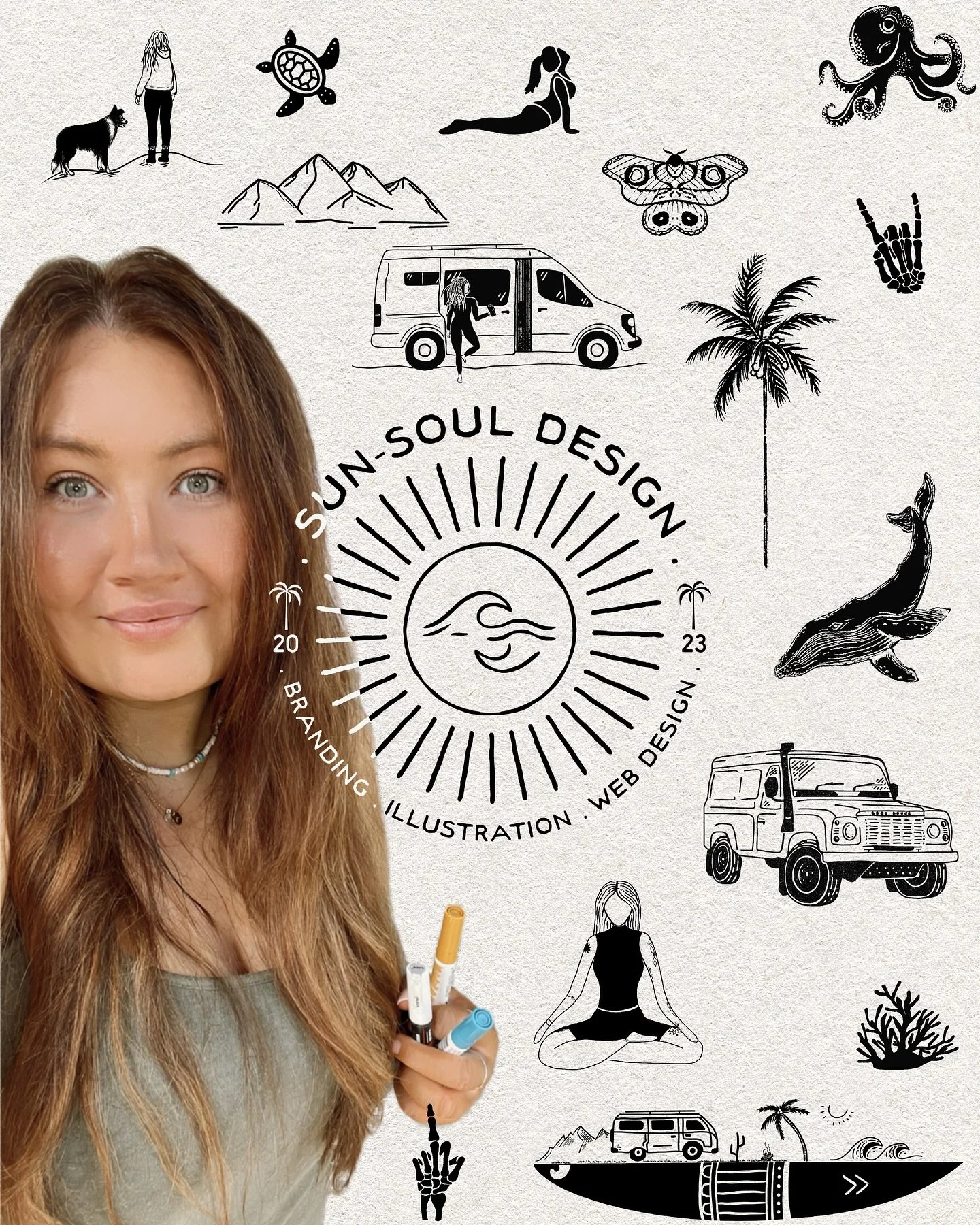 Hello there friends 👋
𖤓 Welcome to Sun-Soul Design 𖤓 

Based in the North West British countryside, but sometimes on the road in my converted van with the pup, Sun-Soul Design specialises in creative branding, illustration and web design. 

My pas