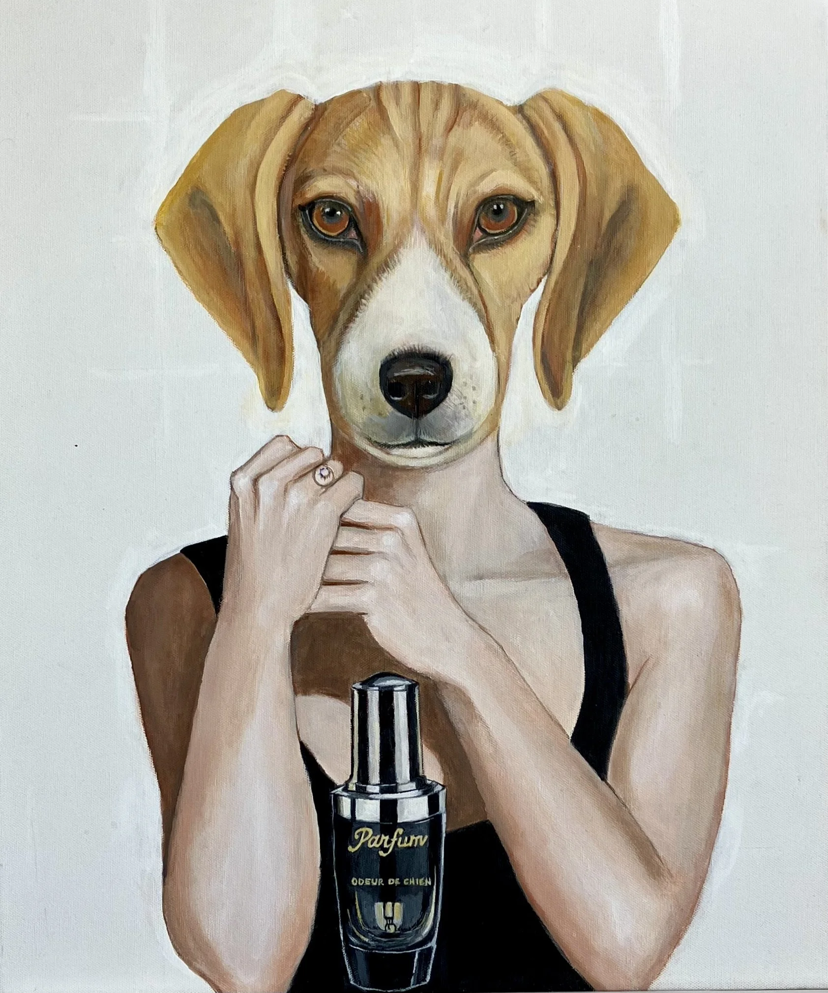 A person with a dog's face, wearing a black tank top, holding a perfume bottle labeled 'Parfum Odeur de Chien', against a light background.