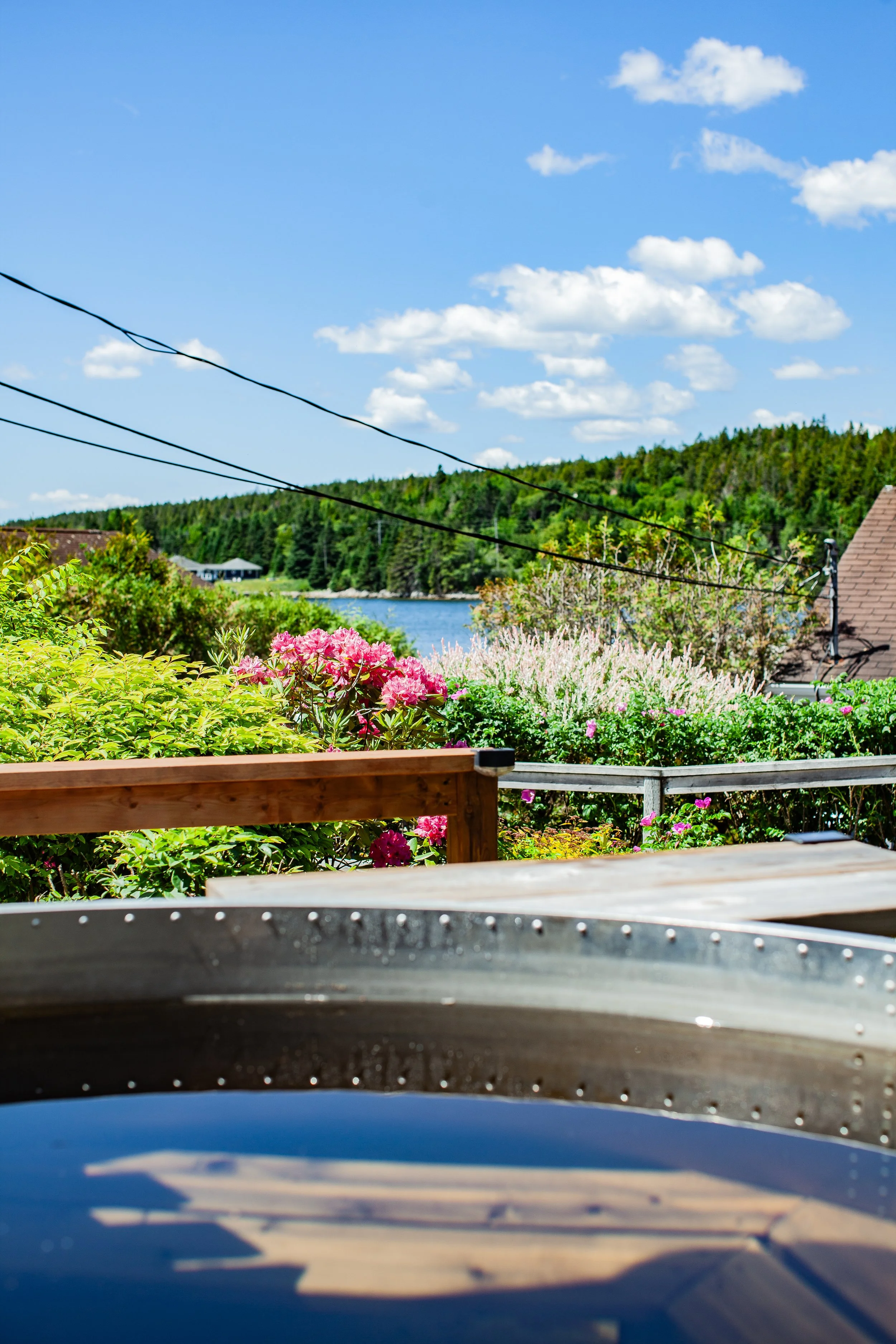A scenic outdoor view with a hot tub in the foreground, colorful flowers and greenery, a body of water, and a forested hillside under a bright blue sky with clouds.