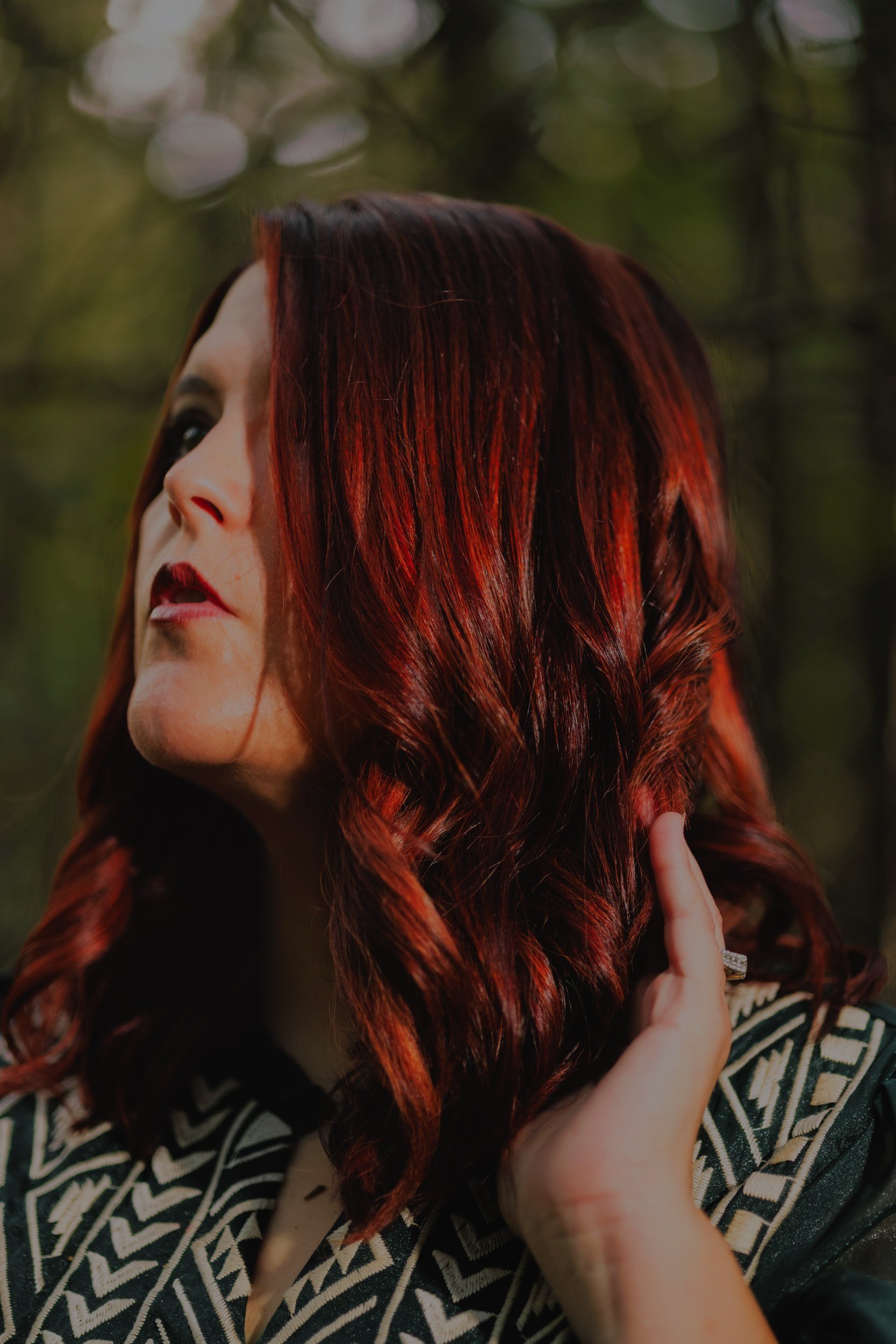 Red Headed Woman In Woods In Dress