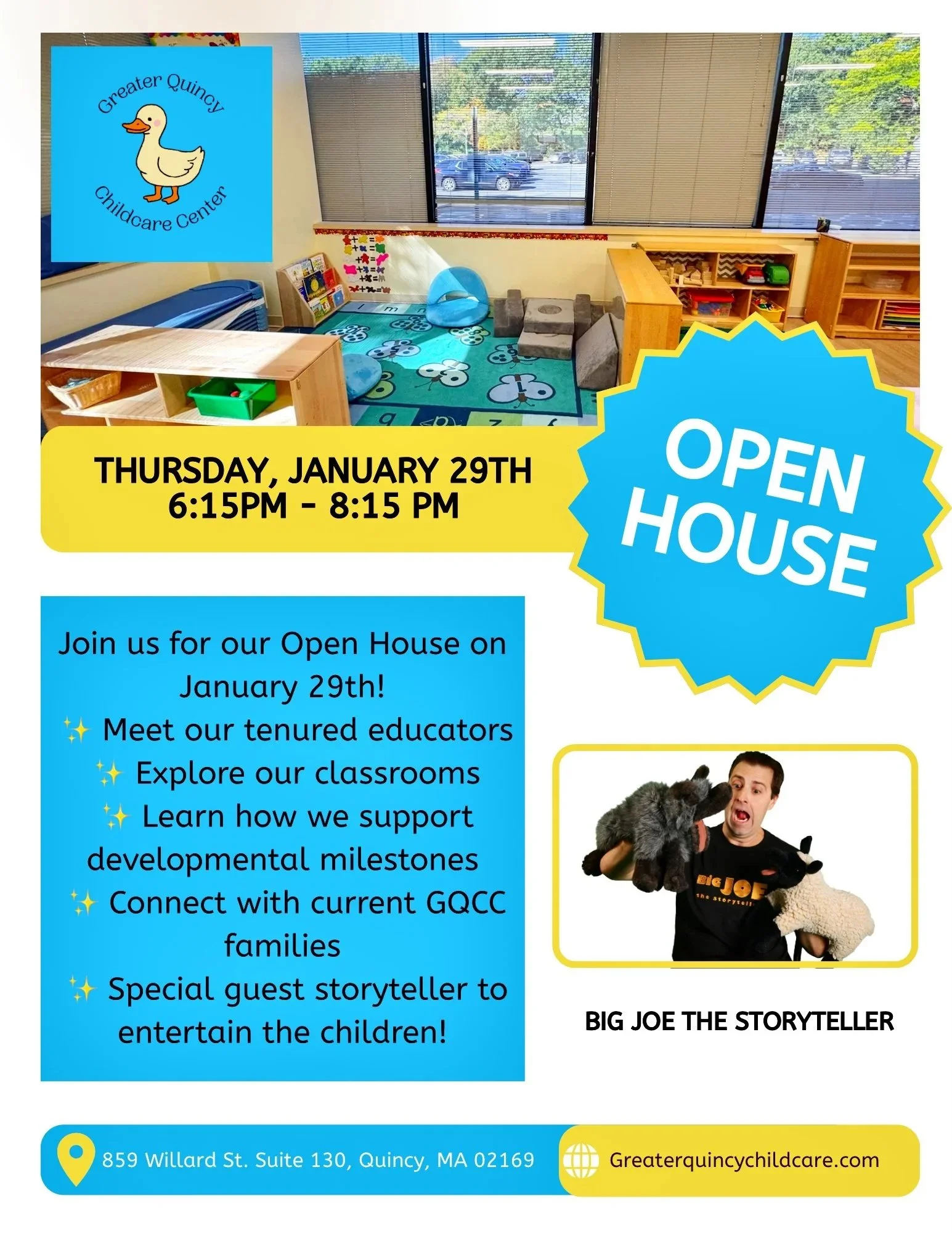 Flyer for Greater Quincy Childcare Center open house event on January 29th from 6:15 PM to 8:15 PM, featuring a photo of a colorful childcare classroom, a picture of storyteller Big Joe with puppets, and contact information including an address at 859 Willard St., Suite 130, Quincy, MA, and a website.