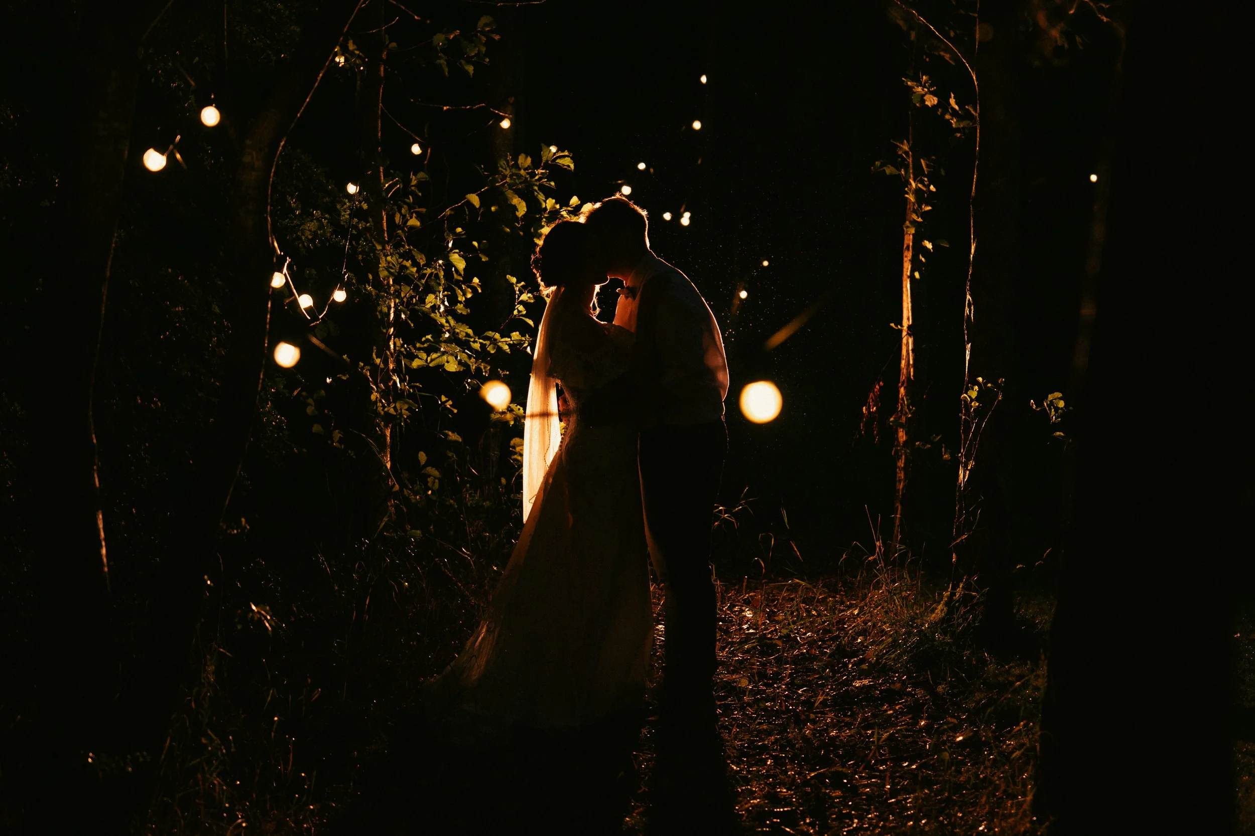 A couple, a man and a woman, embracing and kissing in a dark outdoor setting at night, illuminated softly by string lights hanging around them.