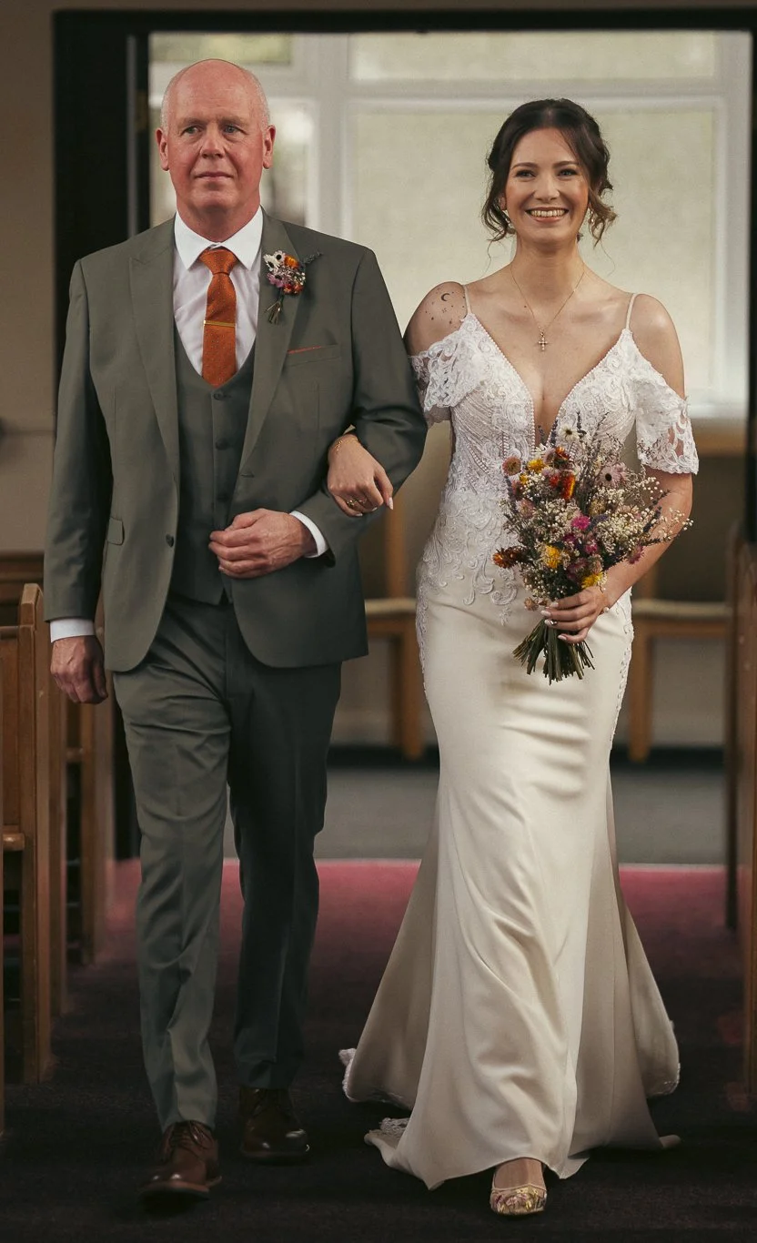 A bride in a white lace wedding gown holding a bouquet, walking down the aisle arm-in-arm with an older man in a gray suit.