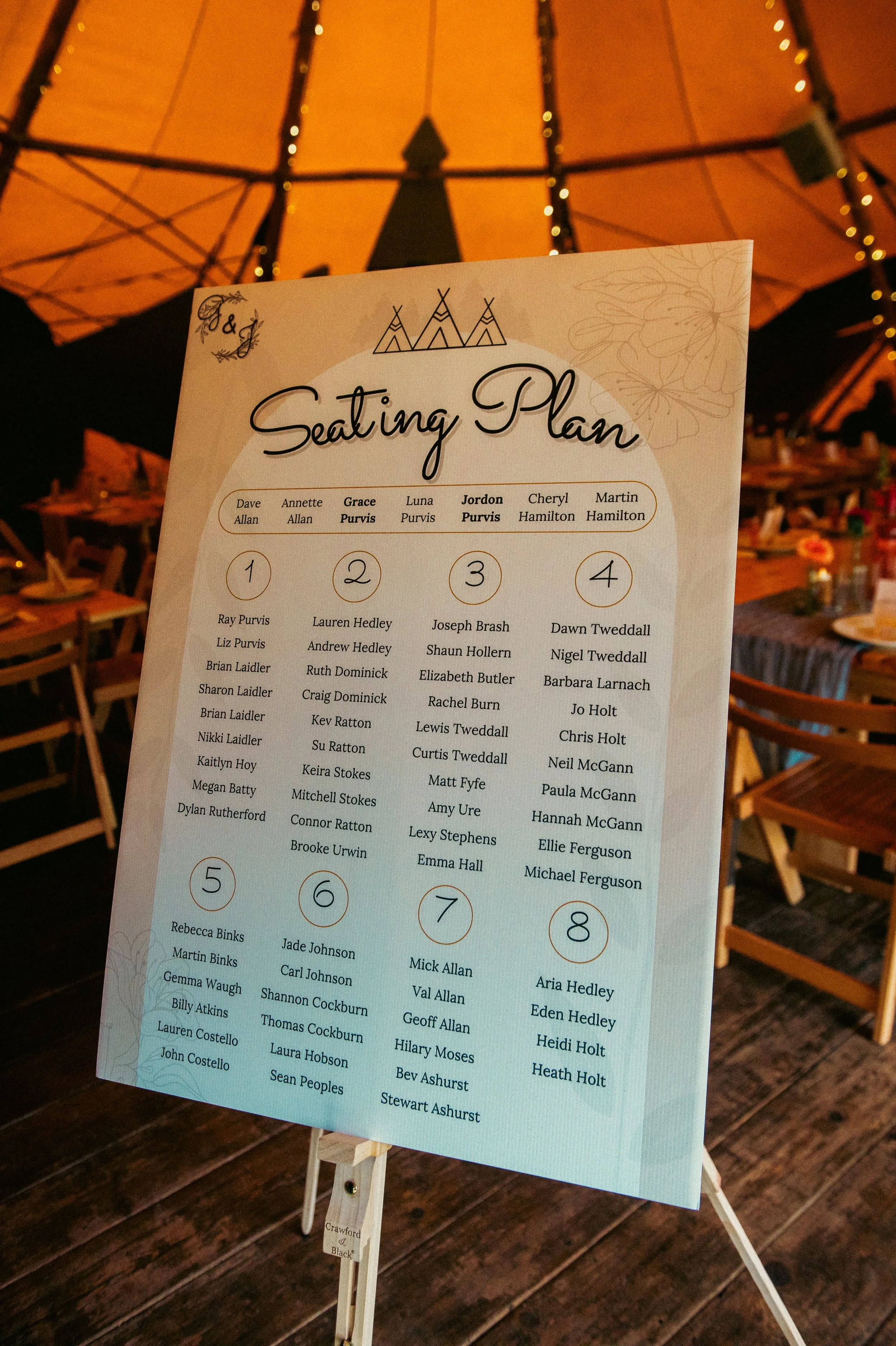 Wedding seating chart on an easel with a tent and tables decorated for an outdoor reception in the background.