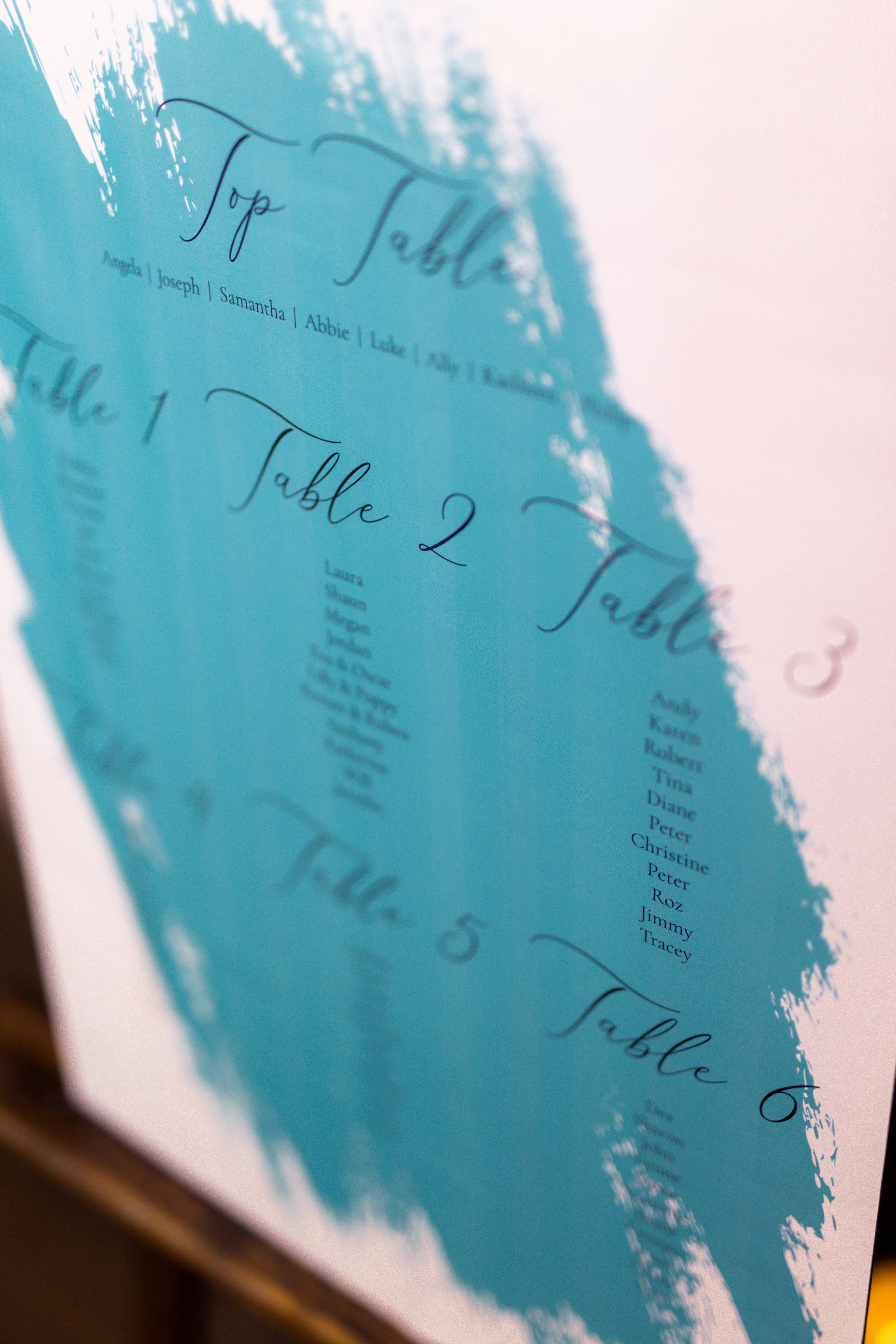 A wedding seating chart with a turquoise background featuring black cursive text, listing tables and guest names.
