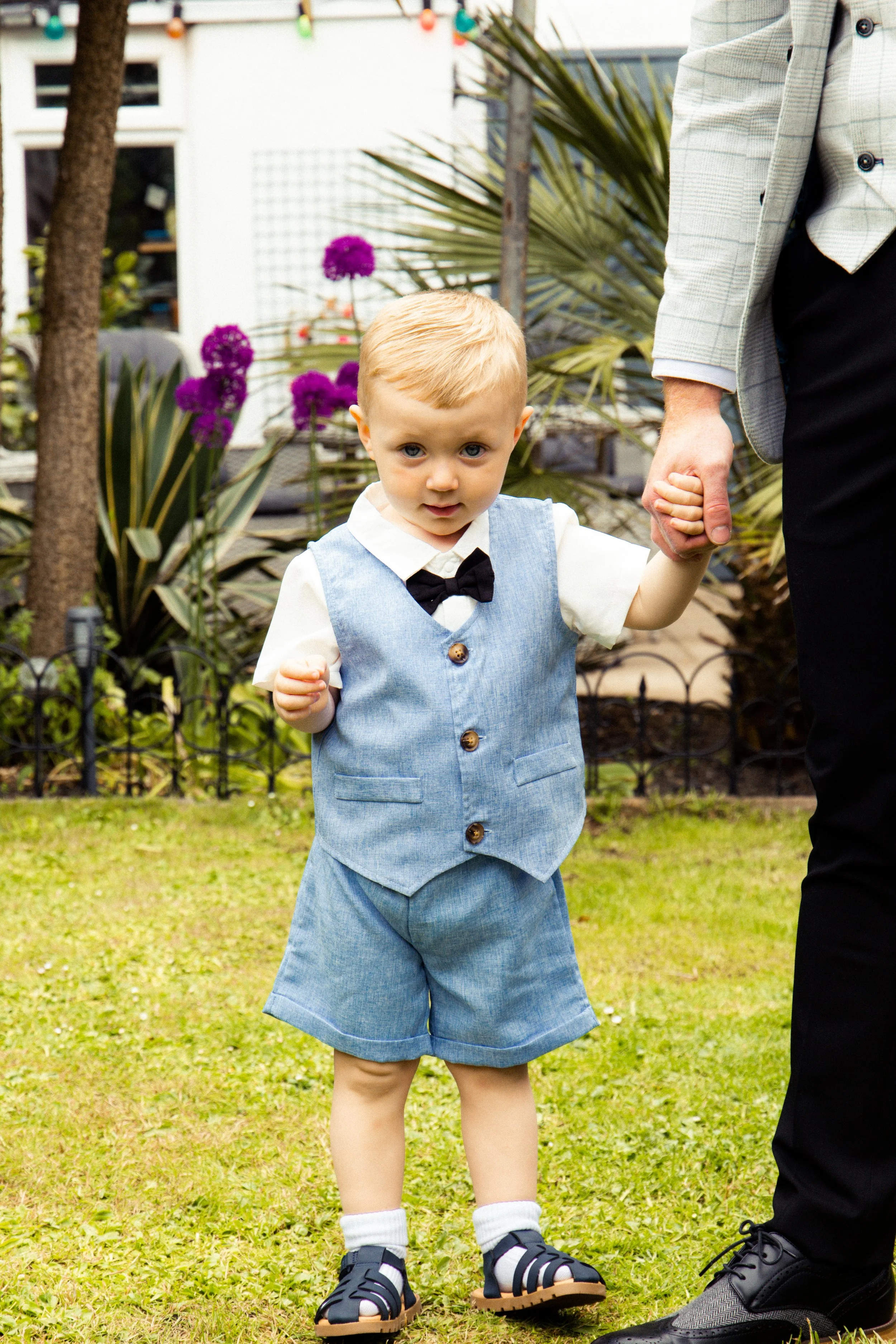 A young boy with blonde hair, dressed in a light blue vest and shorts, white shirt with a black bow tie, holding someone's hand outdoors on a grass lawn, with purple flowers and plants in the background.