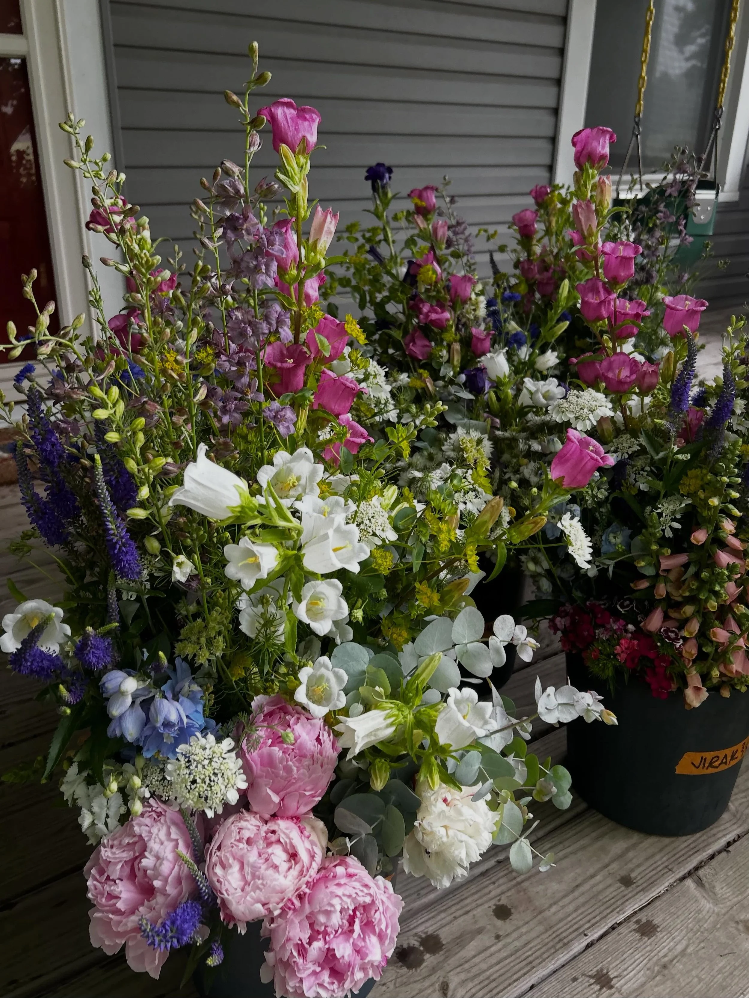 Maggie, curator of our DIY party buckets, out did herself again on this much needed rainy day. Gorgeous fluffy buckets stuffed full! Find our buckets available for purchase for your special little event. Find us and our blooms at our usual markets th