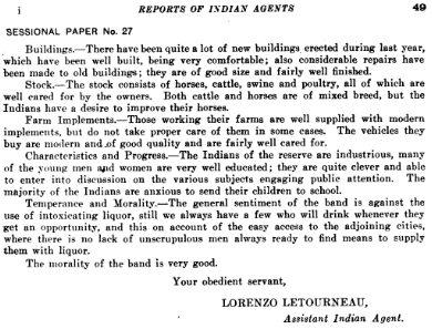 Section of the 1912 Annual Report for the Dominion of Canada from Indian agent Lorenzo Letourneau in order to inform the government of the status of the Indigenous population of Kahnawake