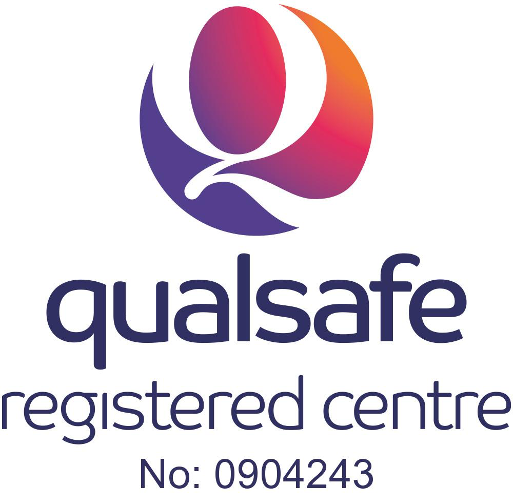 Qualsafe registered centre logo with a purple, pink, and orange abstract flower icon and the words "qualsafe registered centre No: 0904243" in blue text.