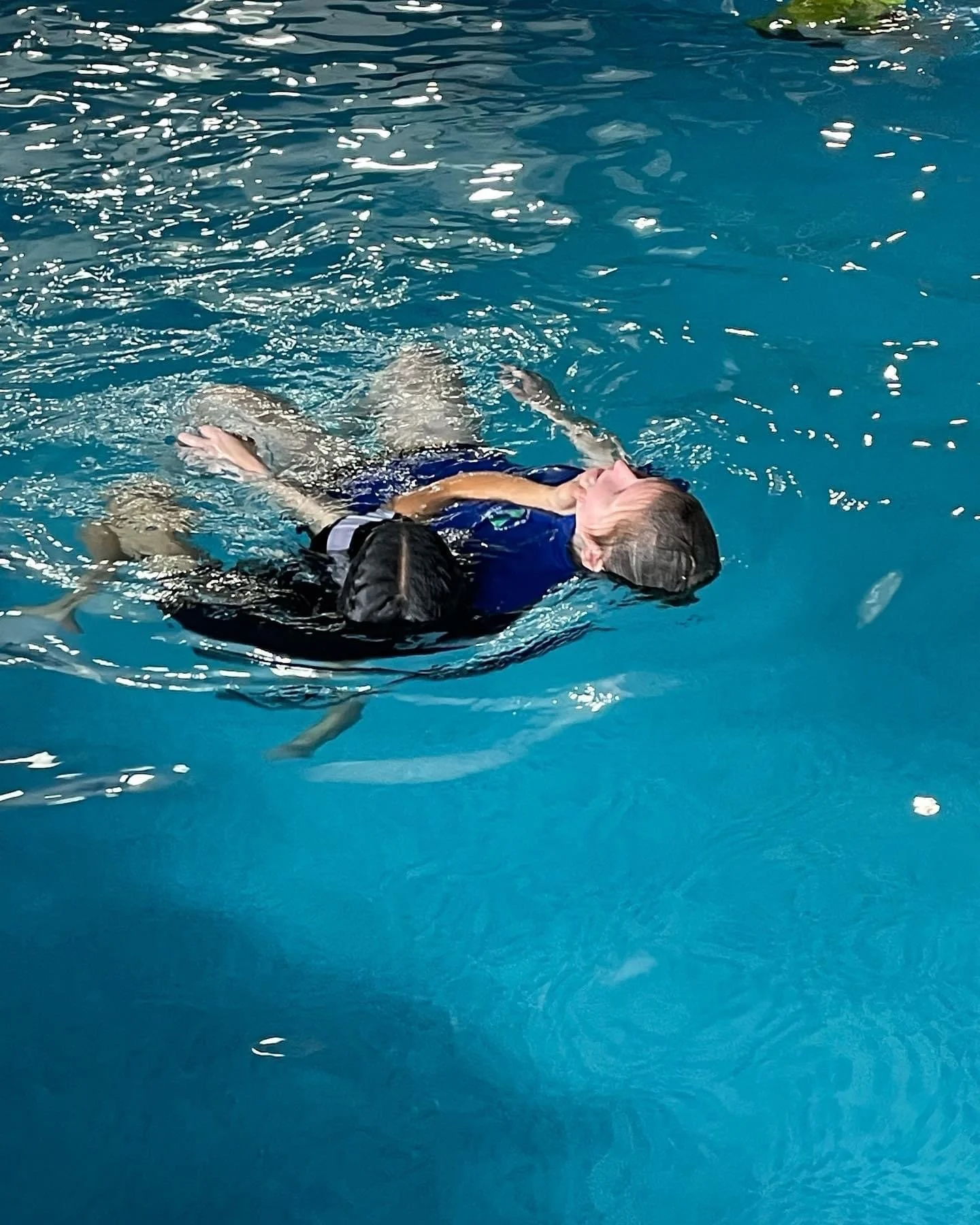 A boy in a blue shirt floating on his back in a swimming pool, holding a small black dog close to his chest.