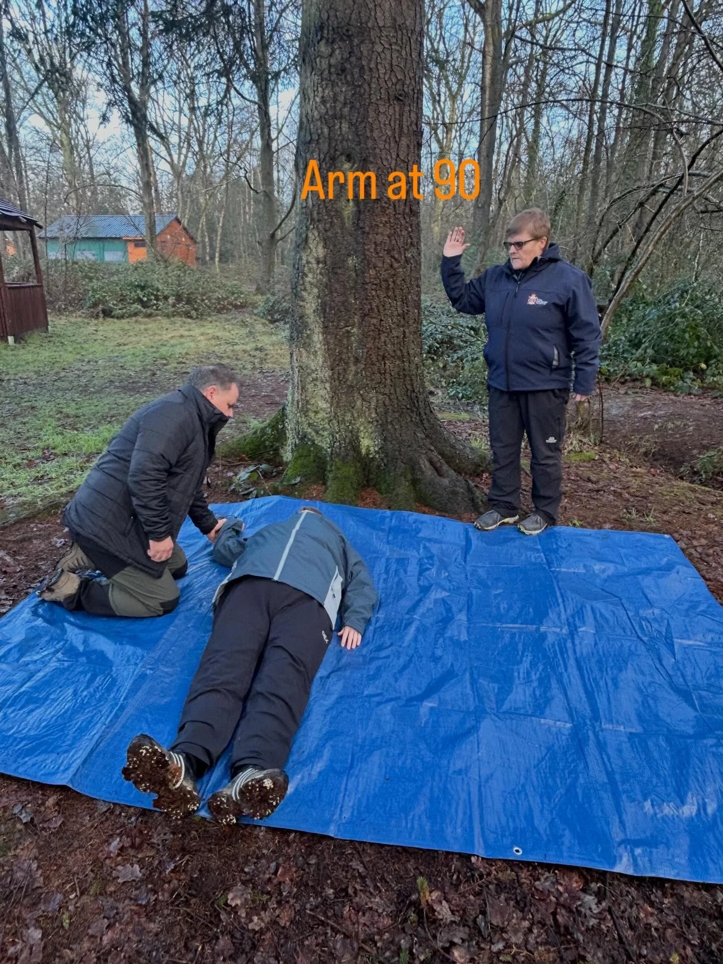 Three people practicing first aid or CPR training outdoors on a blue mat beneath a large tree in a wooded area, with a person lying face down and two others attending.