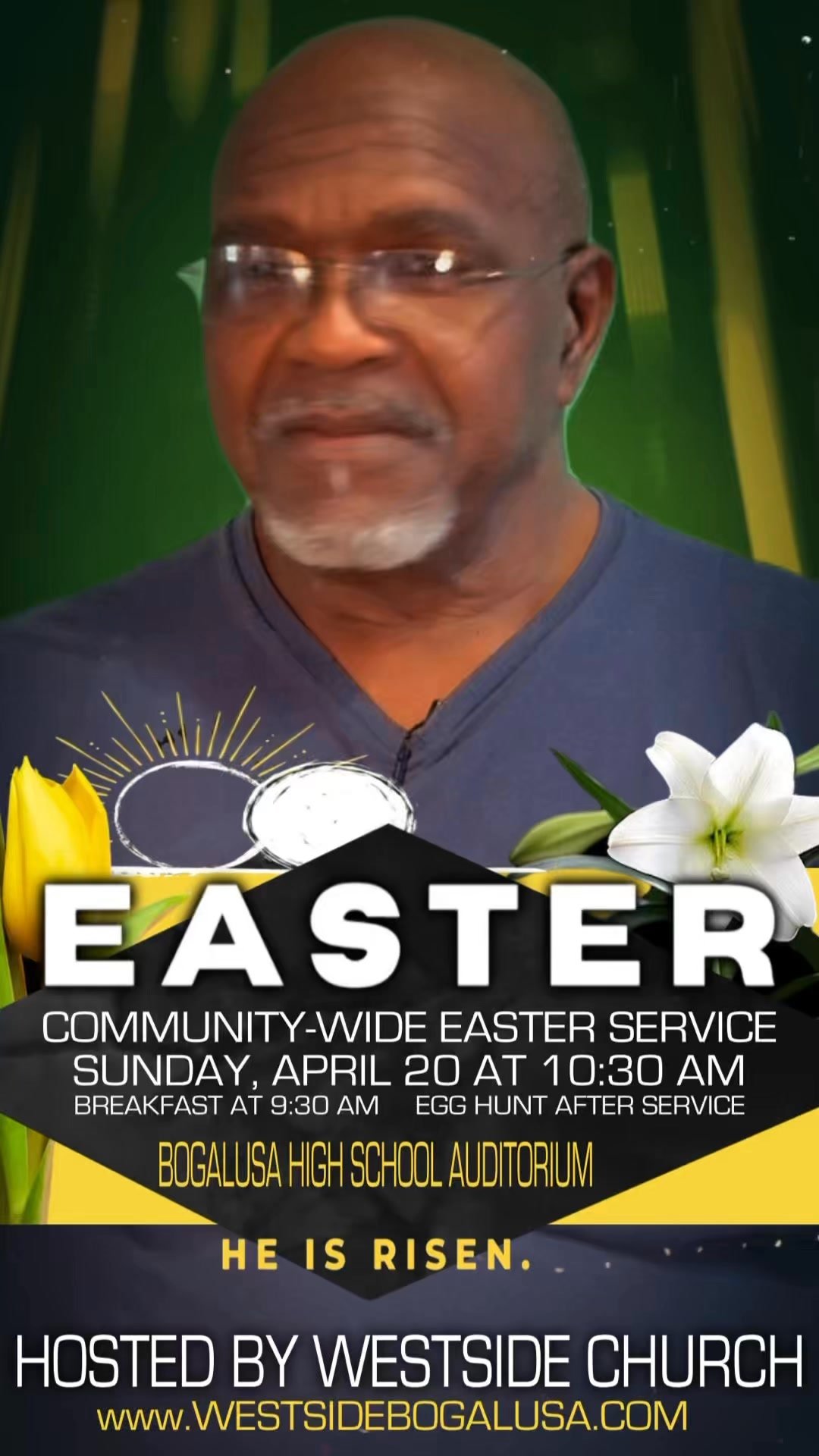 3 ministers. 3 races. 1 community. Join us this Easter—Sunday, April 20 @ 10:30 AM at Bogalusa High School Auditorium | Doors open at 8:30 | Free breakfast at 9:30 | Egg hunt + moon bounces after! Led by:EL Powell (New Triumph),Clay Shook (Boga