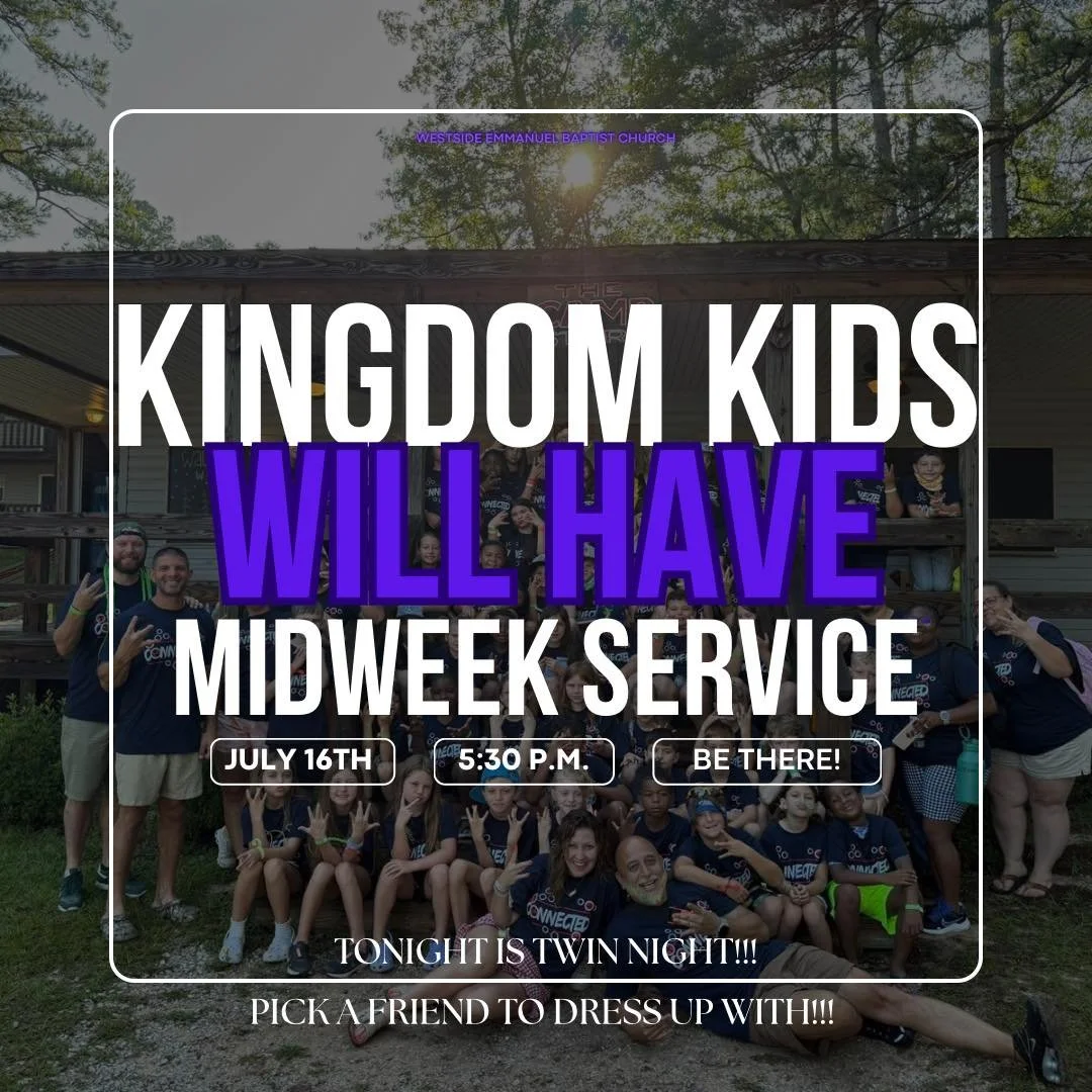 Even though our youth are at camp, our Kingdom Kids will still be having service tonight!!!!
It is Twin Day, so grab a friend and make sure you match!
Our men and women’s class will also meet as well tonight!! Bring your kiddos and stay for