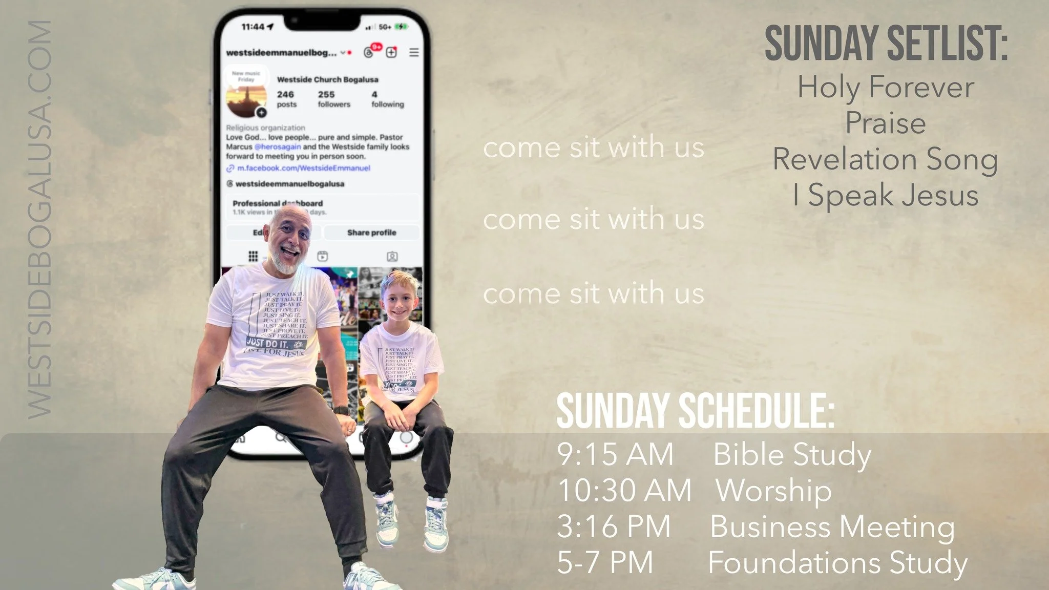 Come sit with us this Sunday&mdash;don&rsquo;t do church alone. We&rsquo;ve saved a seat for you and your family at Westside. In fact... we've added a bunch to make sure you have a spot.

Sunday Setlist
 &bull; Holy Forever
 &bull; Praise
 &bull; Rev