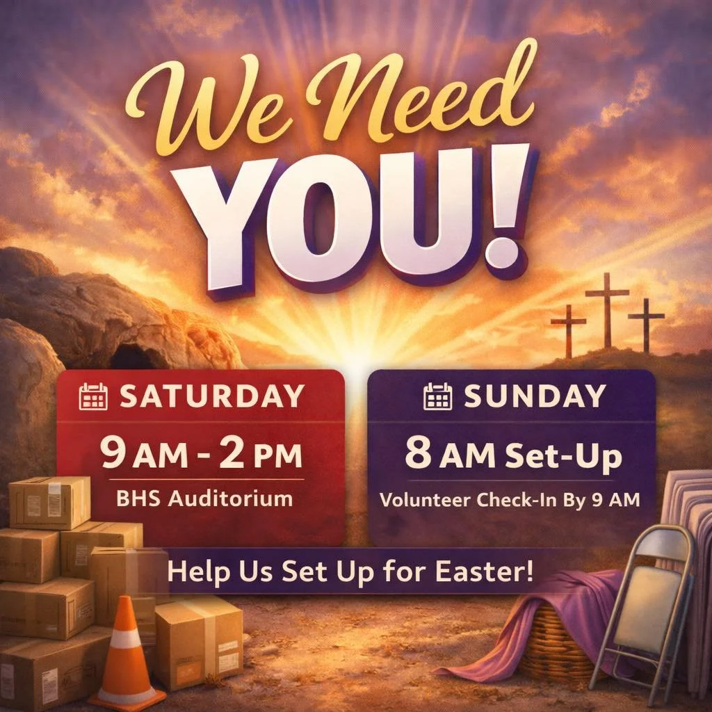 WE NEED YOU THIS WEEKEND! We&rsquo;re getting everything ready to reach our city this Easter&mdash;and we need some extra hands to make it happen.

🛠 SATURDAY SET-UP
📍 Bogalusa High School Auditorium
🕘 9 AM &ndash; 2 PM
Come help us unload, set up