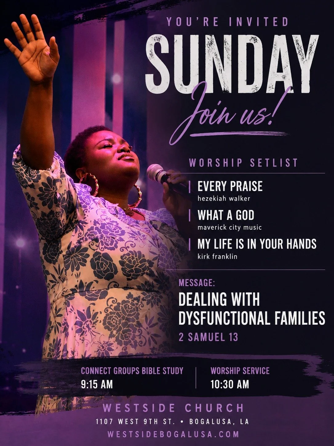 You&rsquo;re invited to worship with us this Sunday at Westside Church. We have a defibrillator on site because you're heart may not be able to handle our time of worship this Sunday!
Worship Setlist
&bull; Every Praise &mdash; Hezekiah Walker
&bull;