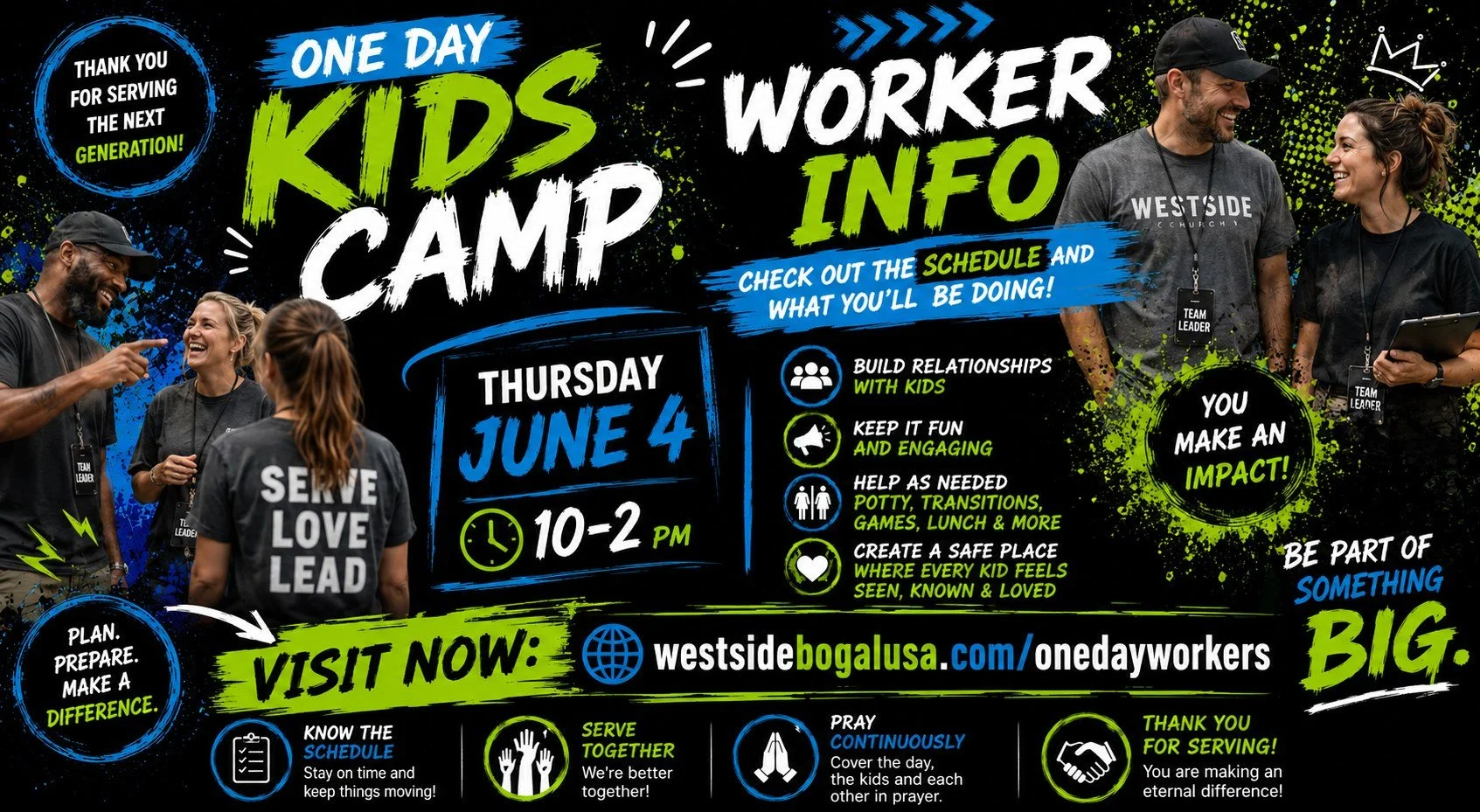 Our One Day Kids Camp is almost here, and we&rsquo;re excited to see how God is going to use each volunteer to make an impact in the lives of kids!

If you&rsquo;re serving during camp, we&rsquo;ve put together a Worker Info page that includes:
&bull