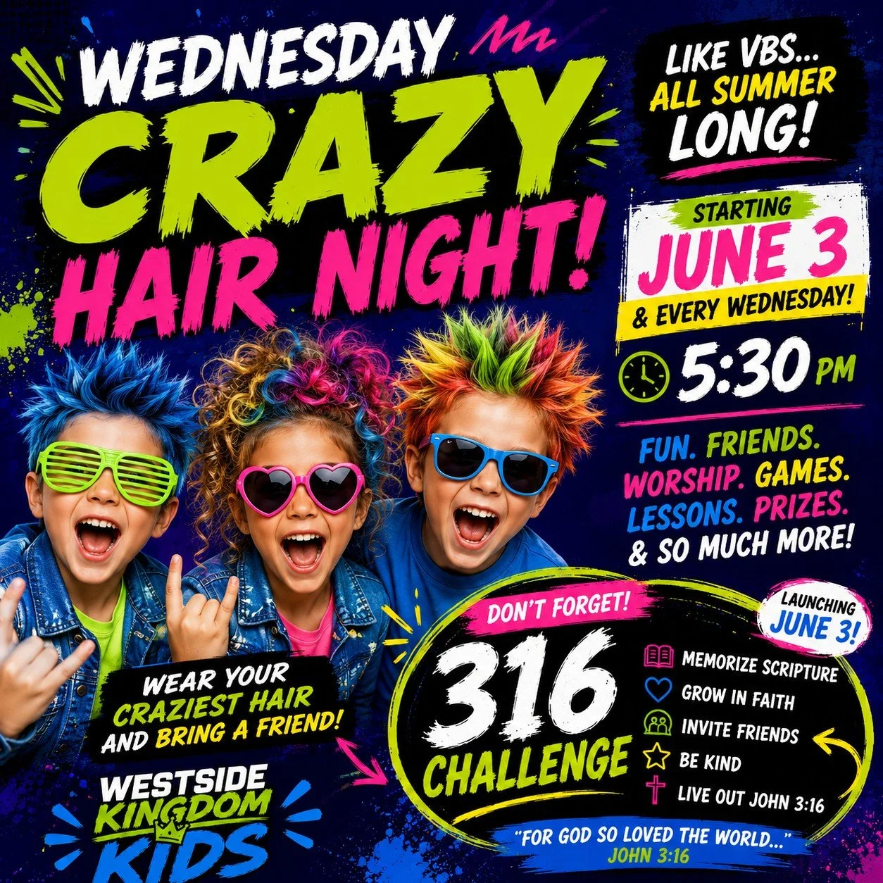 🌀🎉 KINGDOM KIDS: CRAZY HAIR NIGHT IS THIS WEDNESDAY! 🎉🌀

Get ready to kick off our Wild &amp; Wacky Wednesdays at Westside Kingdom Kids! It's like VBS ALL SUMMER LONG! ☀️🙌
Join us this Wednesday from 5:30&ndash;7:00 PM for an evening filled with