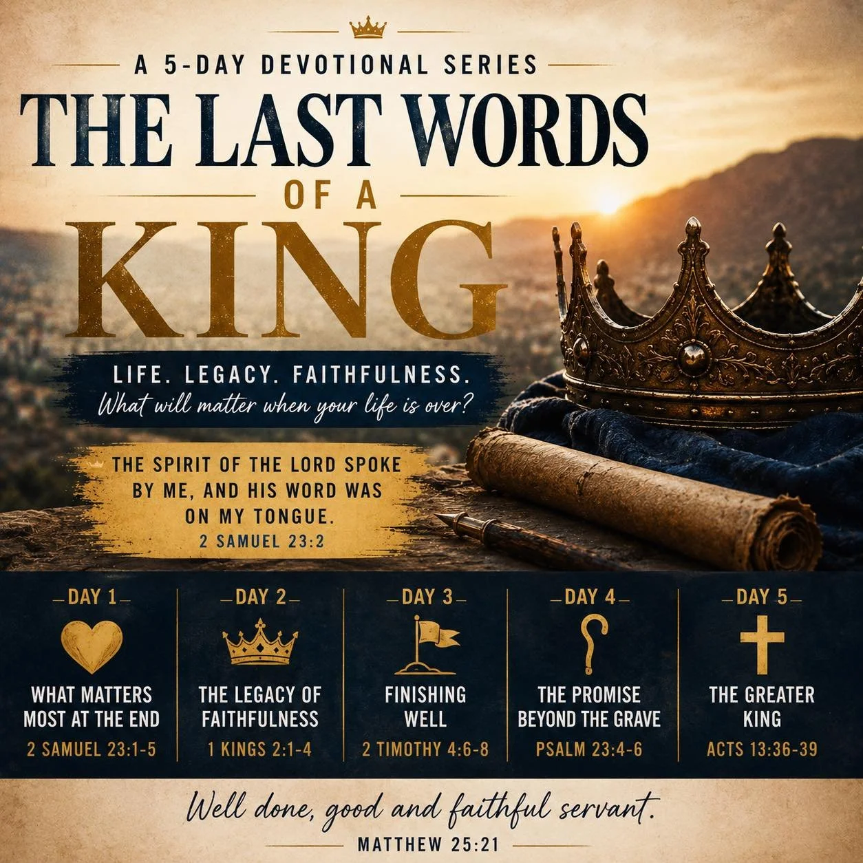 WEDNESDAY &ndash; Finishing Well

Read: 2 Timothy 4:6-8

Heart Surgery

Paul&rsquo;s words echo David&rsquo;s perspective.

Near the end of his life, Paul wasn&rsquo;t focused on regrets.

He focused on faithfulness.

&ldquo;I have fought the good fi