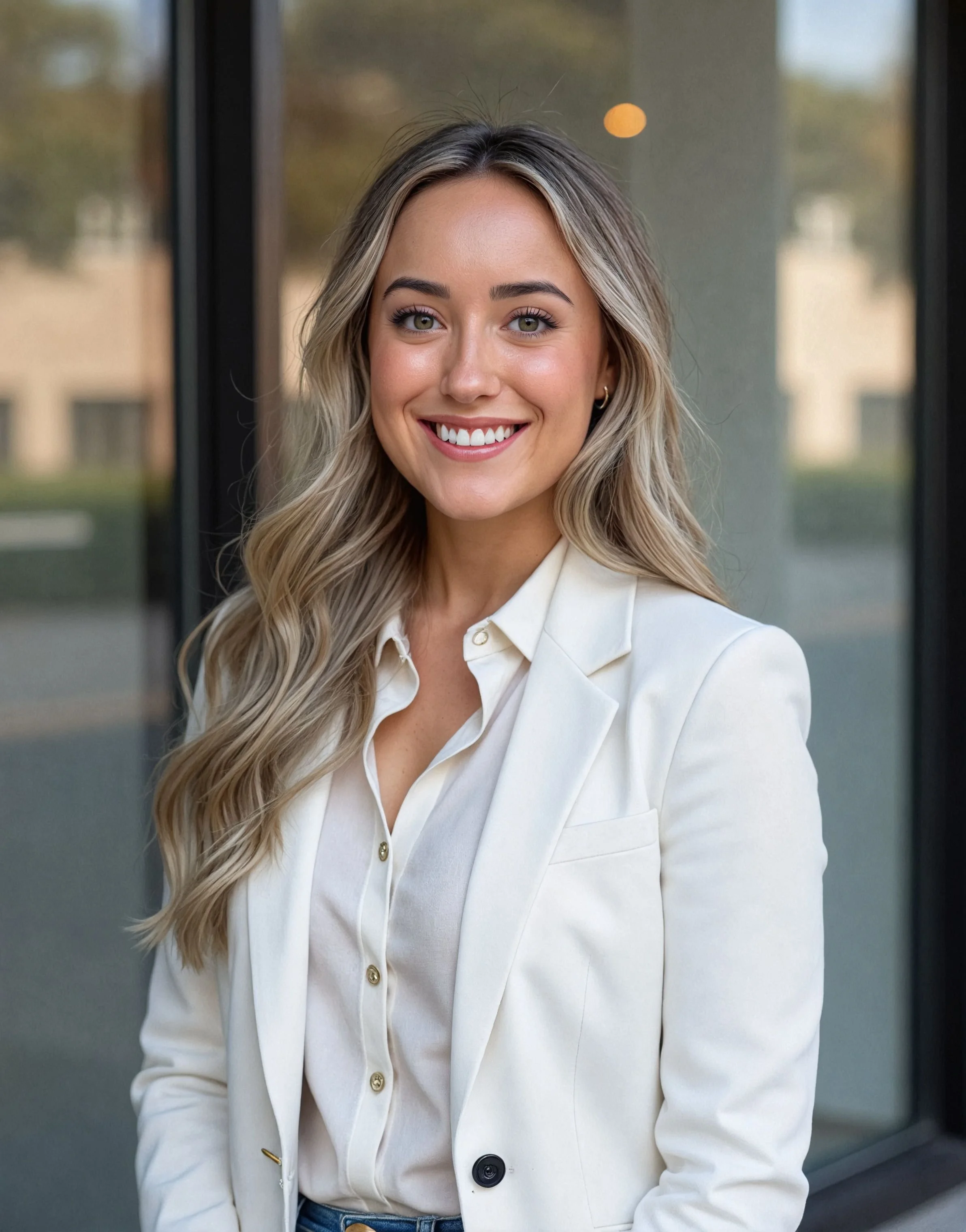 A young woman with long wavy blonde hair wearing a white blazer and cream-colored blouse, smiling in front of a glass building.
