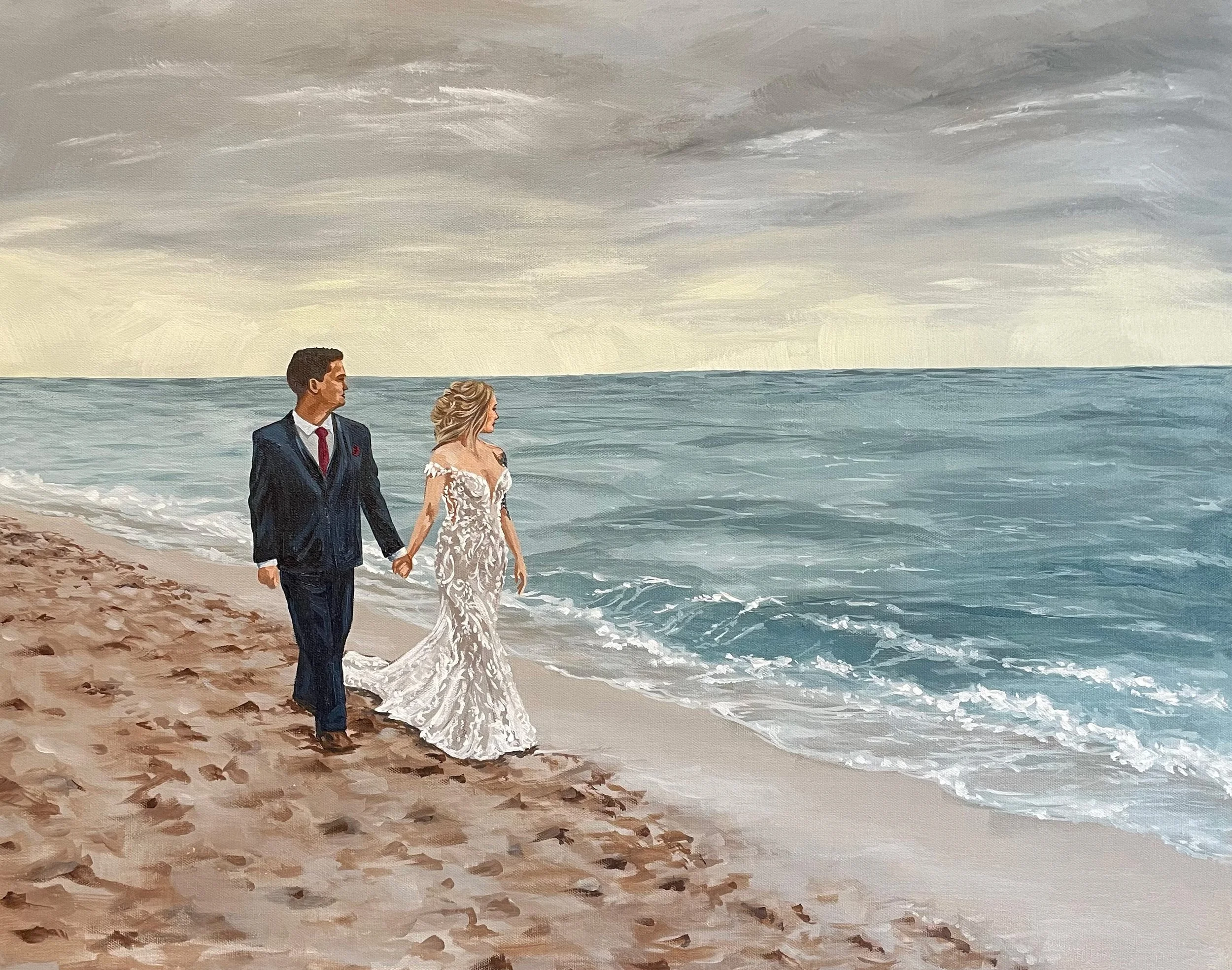 A painting of a bride and groom walking hand in hand along a beach at sunset, with the ocean on their right and a cloudy sky overhead.
