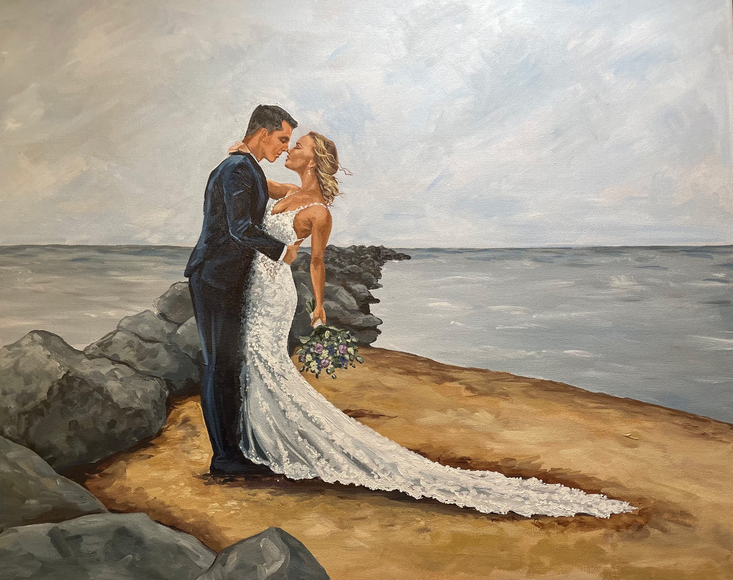 A painting of a bride and groom embracing on a beach, the bride holding a bouquet of flowers, with rocks and ocean in the background.