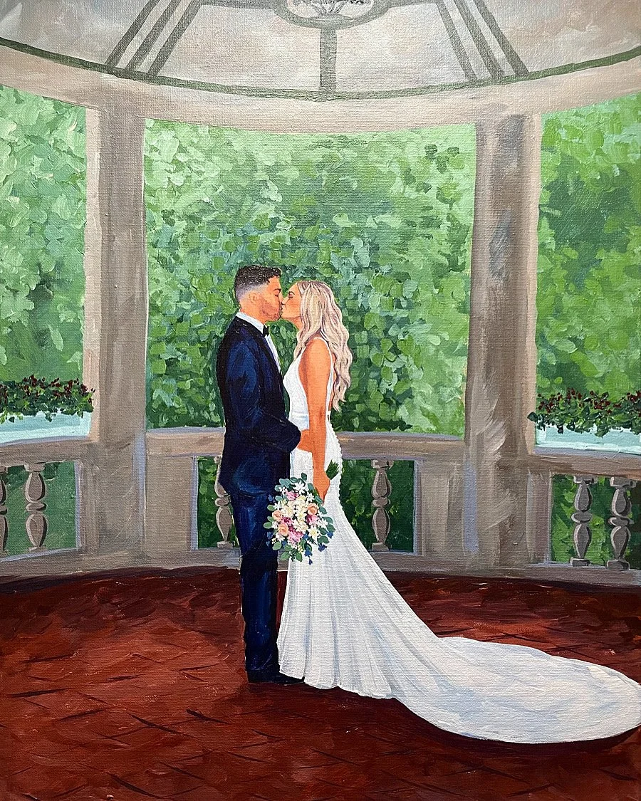 A painting of a bride and groom sharing a kiss on a gazebo with lush green trees in the background. The bride is in a white wedding gown holding a bouquet, and the groom is in a dark suit.