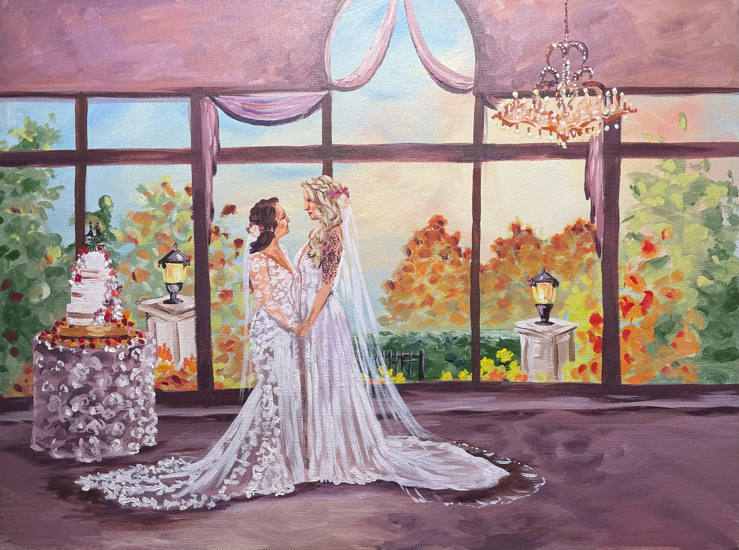 Painting of two women in wedding dresses holding hands, standing in front of large window with a sunset view of trees, decorated with pink drapes and chandelier. There is a wedding cake on a table and small lamps on pedestals side by side.