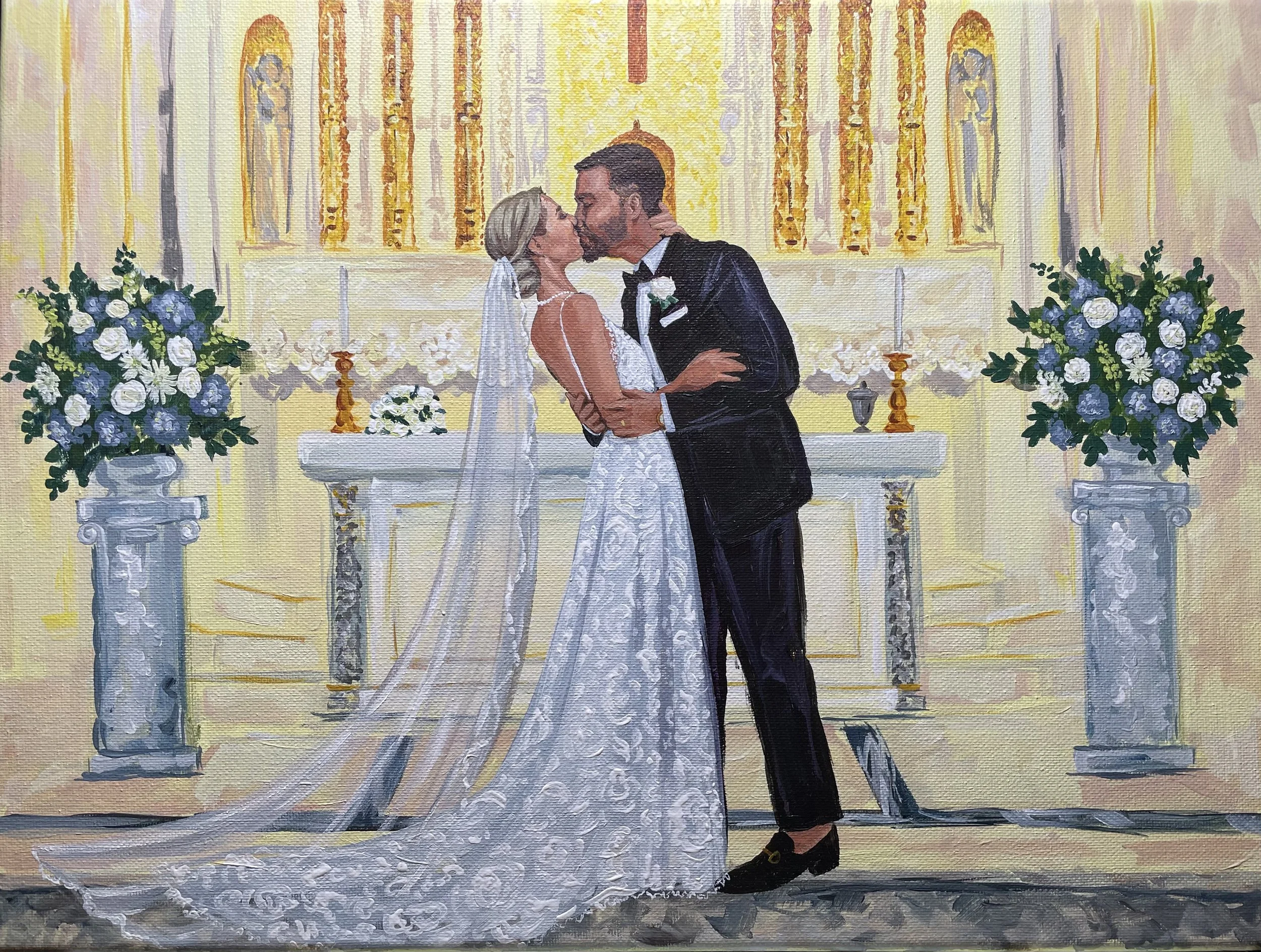A painting of a bride and groom sharing a kiss at their wedding ceremony in a church with altar, flowers, candles, and stained glass windows in the background.