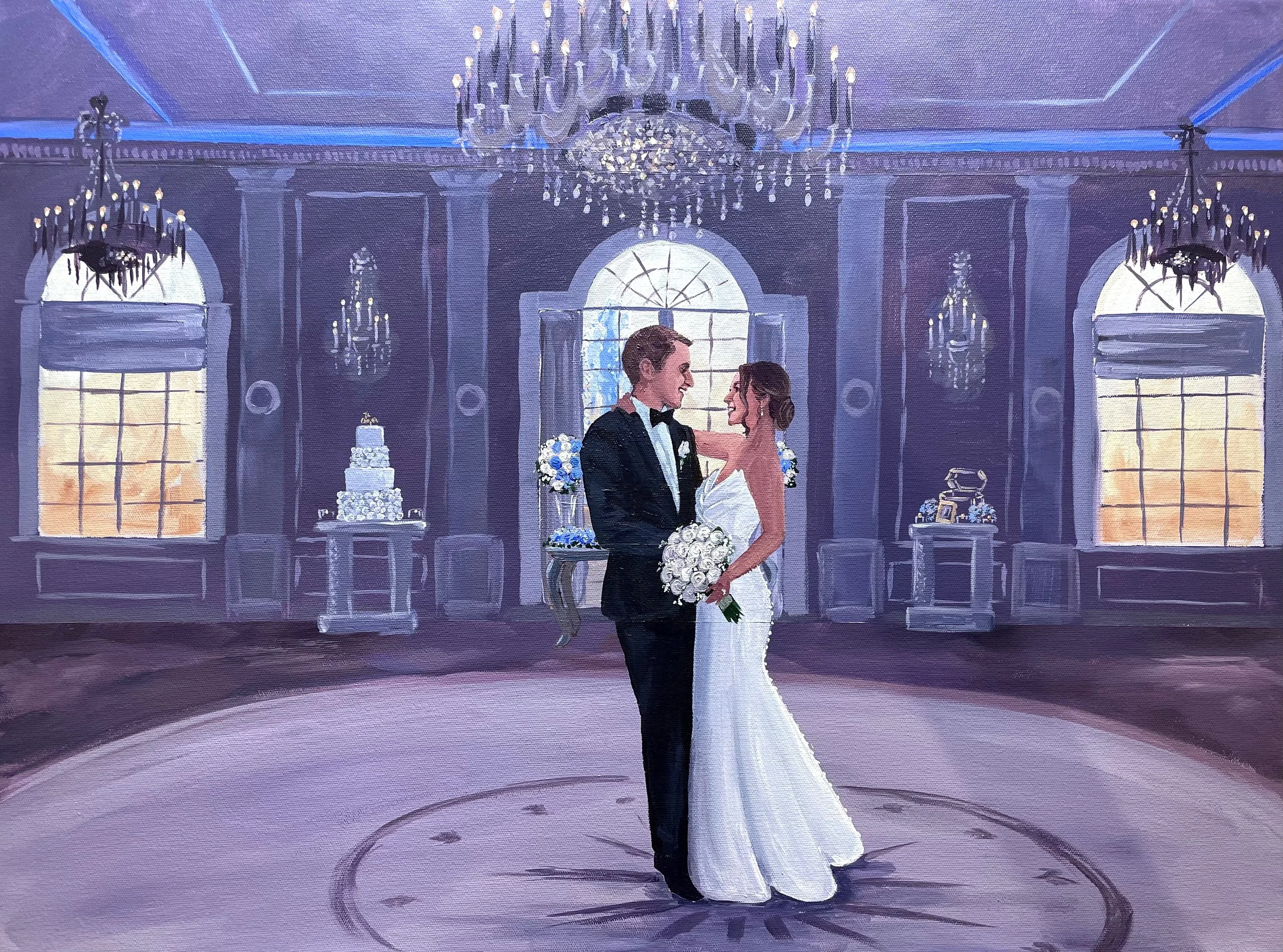 Painting of a bride and groom dancing in a luxurious ballroom with chandeliers, large windows, and wedding cake in the background.