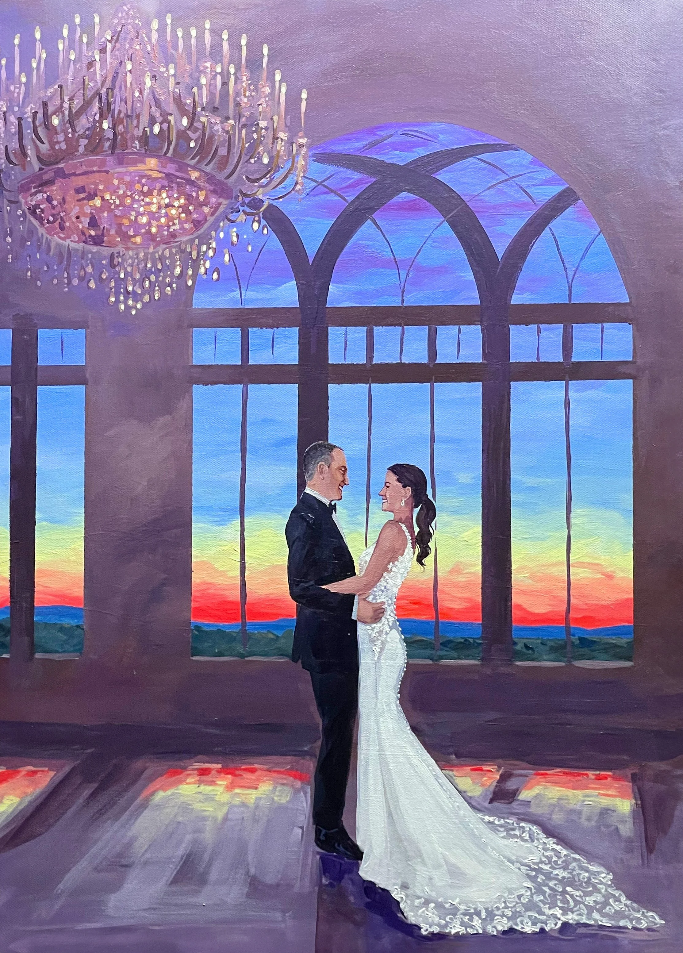 A painting of a bride and groom dancing inside a grand hall with large arched windows showing a colorful sunset sky. A chandelier hangs above them.