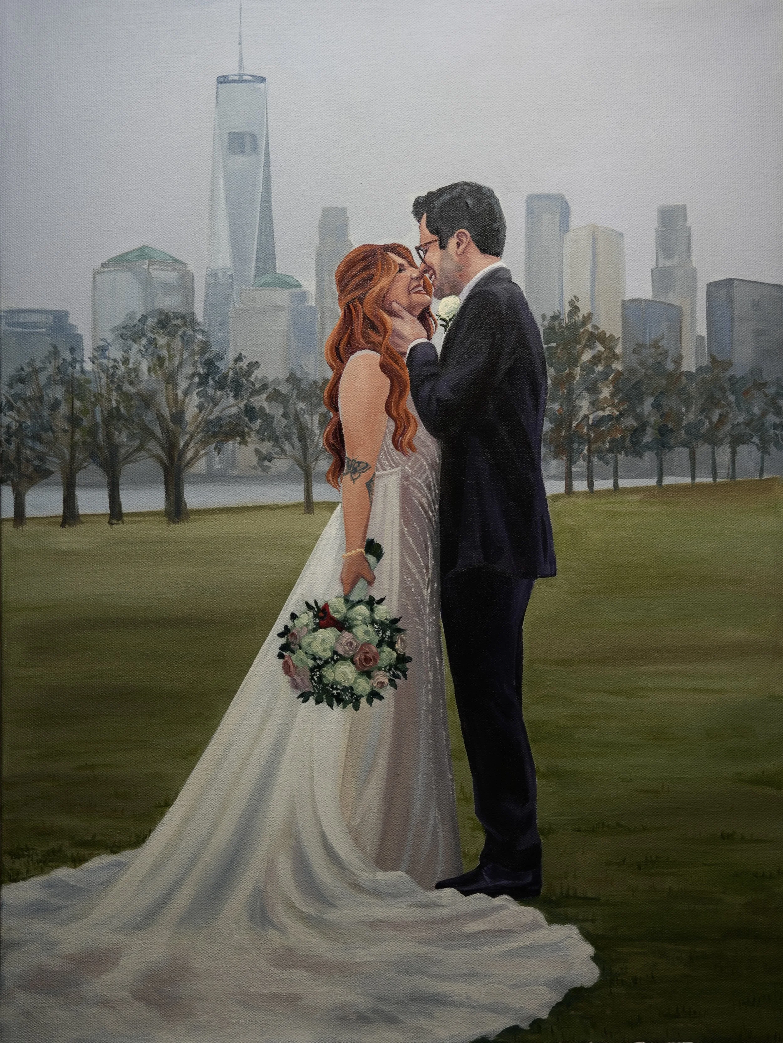 Painting of a bride and groom in wedding attire sharing a romantic moment in a park with a city skyline in the background.