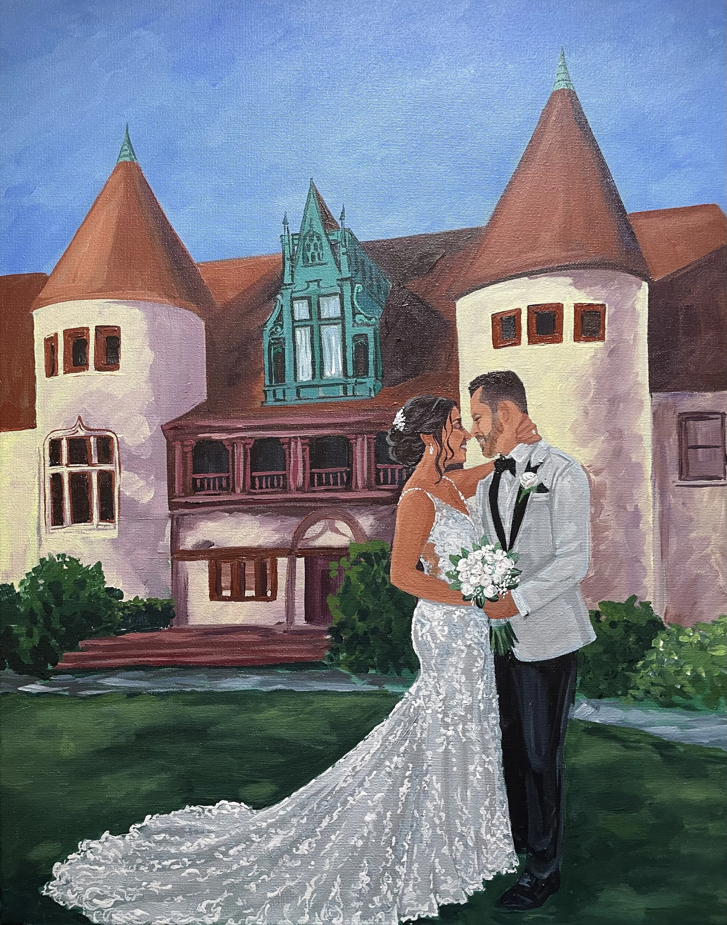 A bride and groom stand close together, smiling, with the bride holding a bouquet of white flowers in front of a large castle-like mansion during their wedding day.