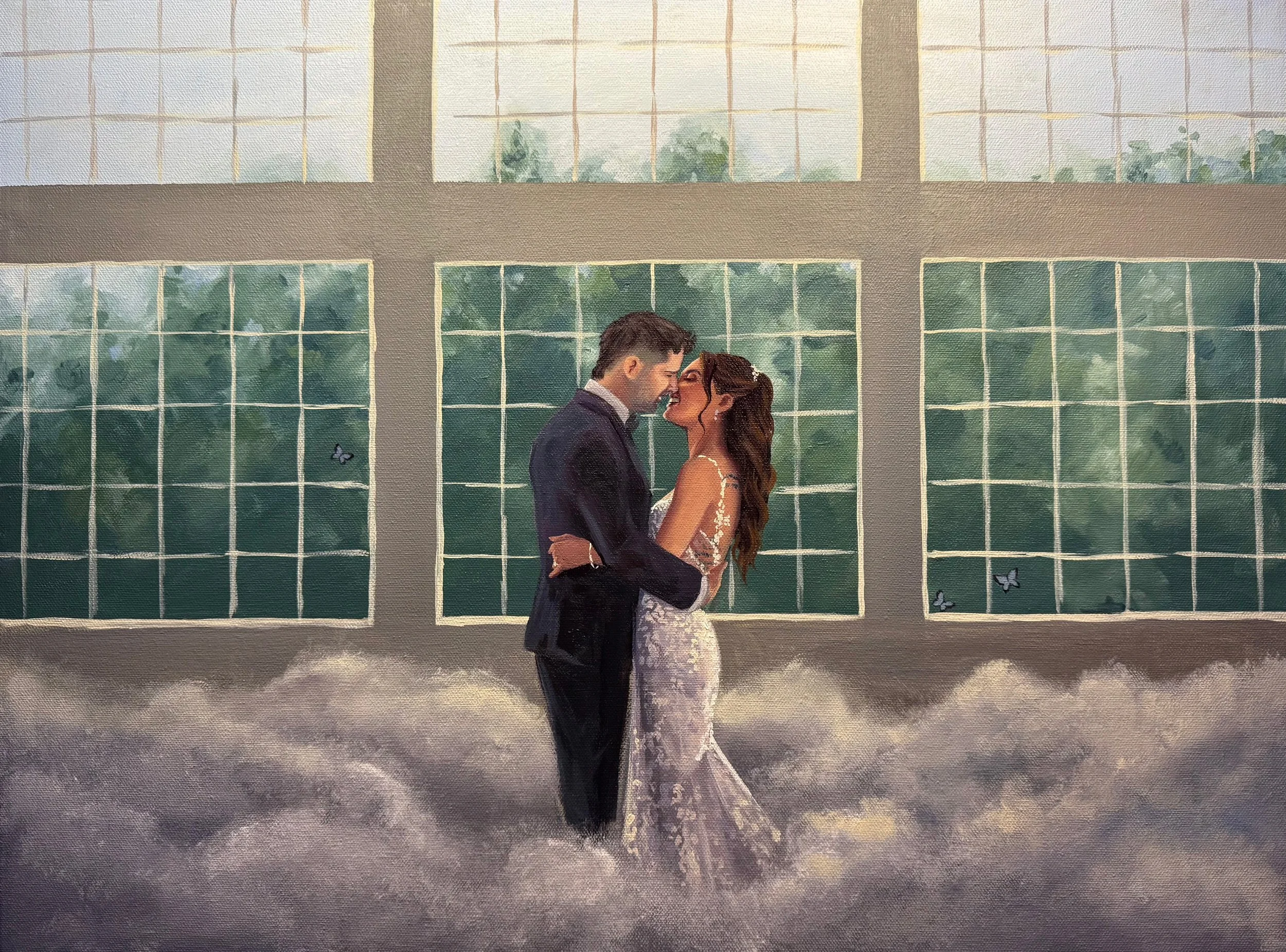 A bride and groom in wedding attire embracing and about to kiss in front of large windows, with a cloudy, foggy floor and butterflies outside.