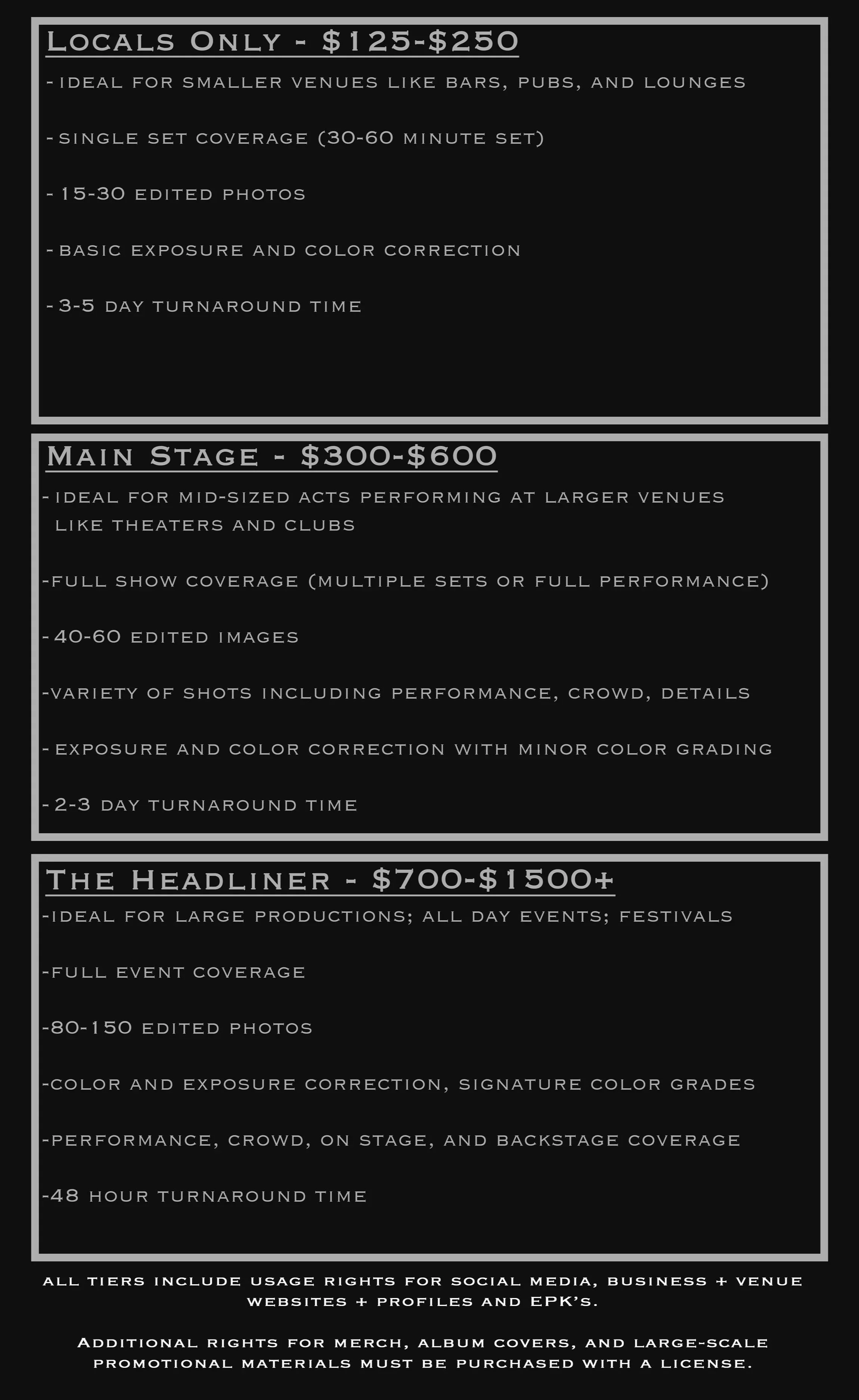 A pricing list for different photography services, including tiers for locals, main stage, and headliner events, with descriptions of what each package includes.