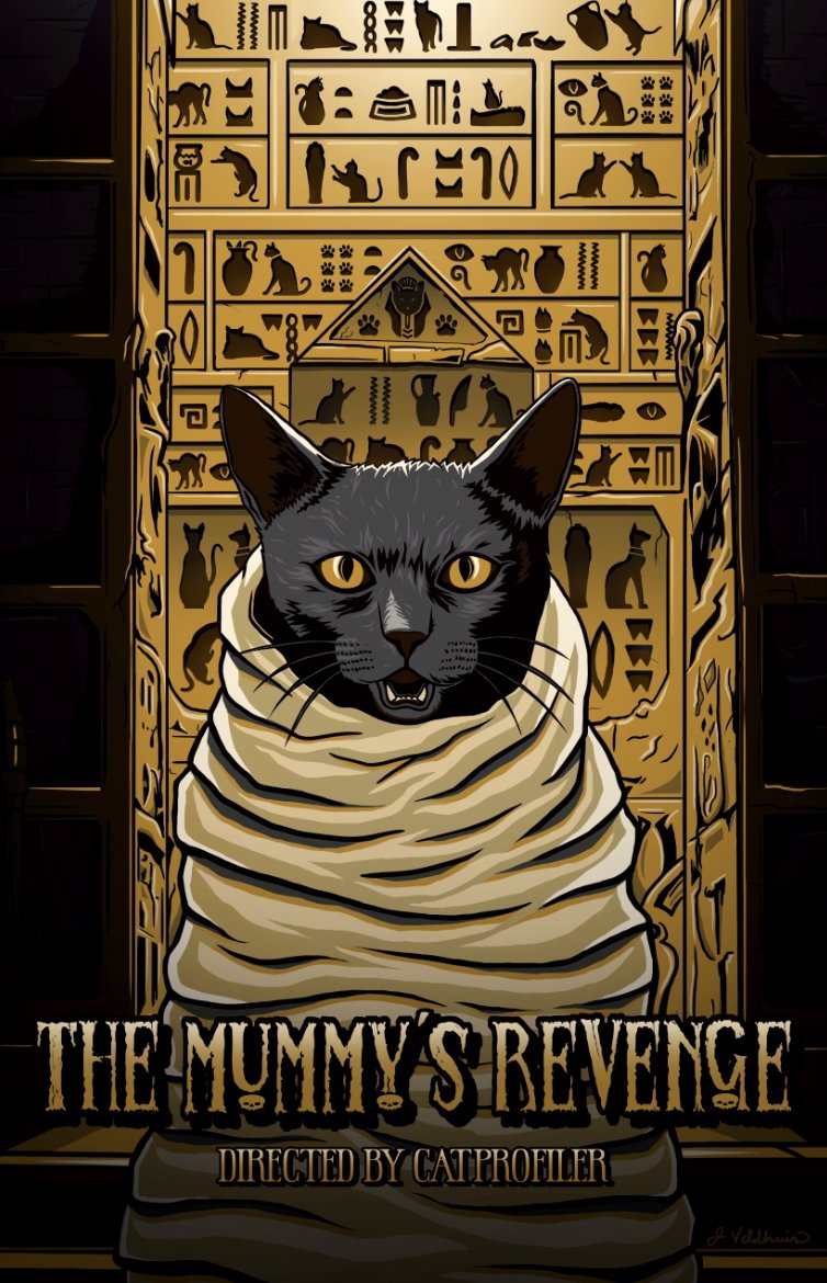 Illustration of a black cat mummy surrounded by golden feline hieroglyphs, original artwork by CatProfiler for “The Mummy’s Revenge: Directed by CatProfiler."