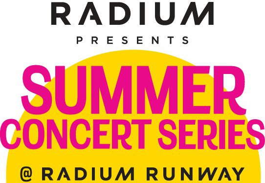 Poster for Radium Summer Concert Series at Radium Runway with a large yellow circle and bold pink and black text.