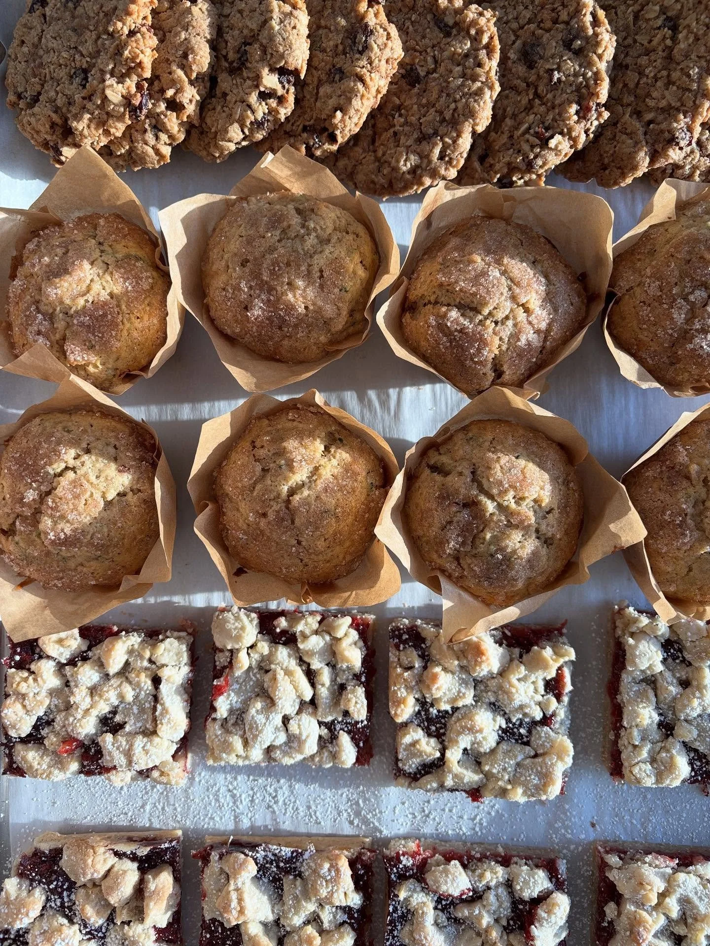 Today (Tuesday 9/30) @owlturtle 
✨ Zucchini Apple Muffins
✨ Oatmeal Raisin Cookies
✨ Roasted Strawberry Sumac Jam Bars

All sourdough. All long fermented. All made with organic grains. All delicious and (more) nutritious. 

@owlturtle opens at 9am so