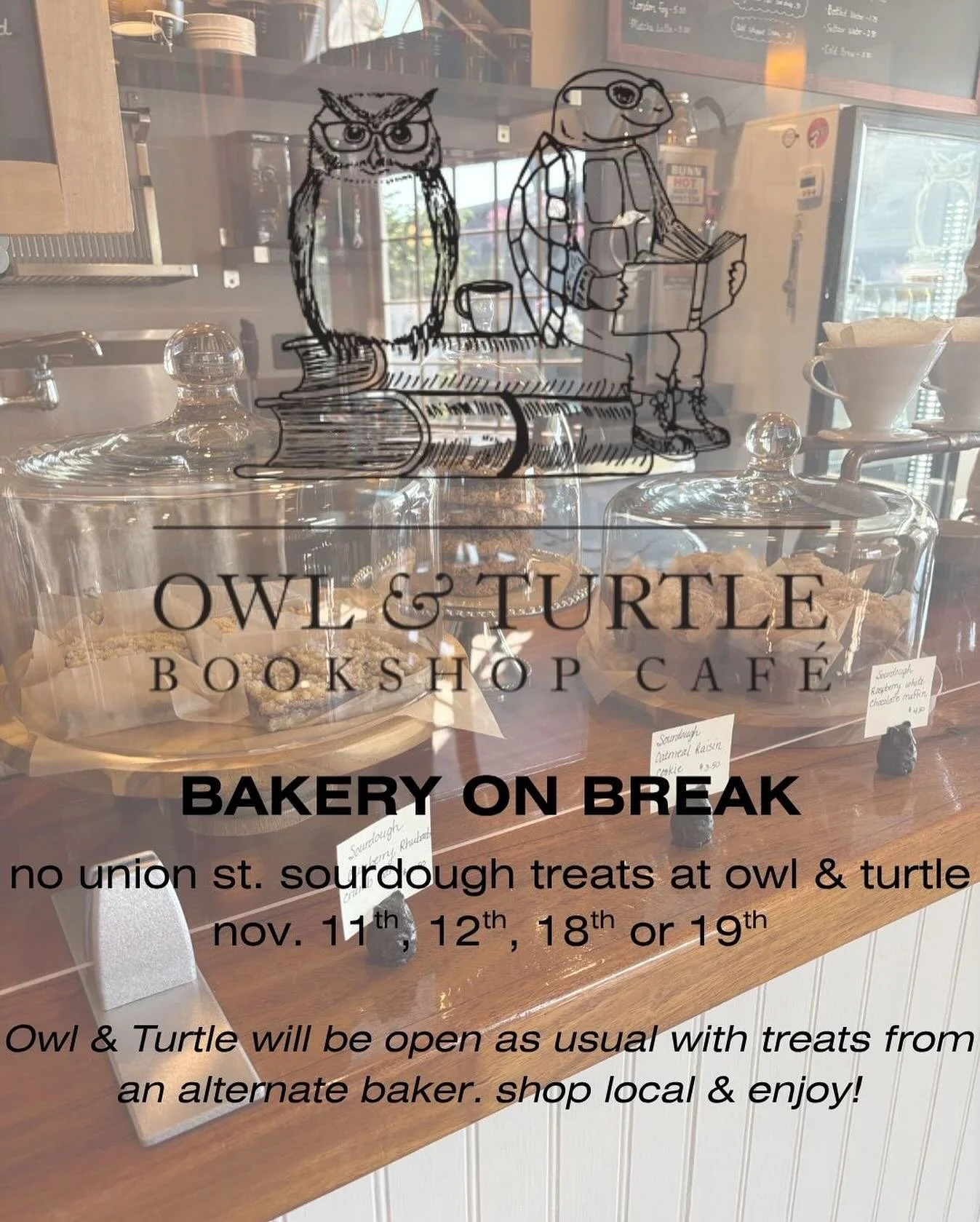For my loyal regulars who seek out sourdough goods @owlturtle on Tuesdays &amp; Wednesdays - please note that due to my bakery&rsquo;s fall break, @owlturtle will have treats from an alternate baker for the next two weeks. I will return to the cafe o